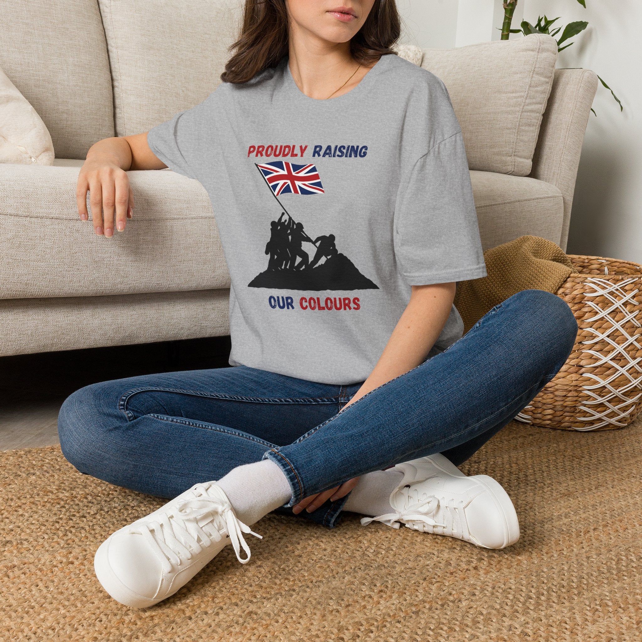 Proudly Raising Our Colours T-Shirt (smaller design) — British Flag Patriotic Tee - Our Colours