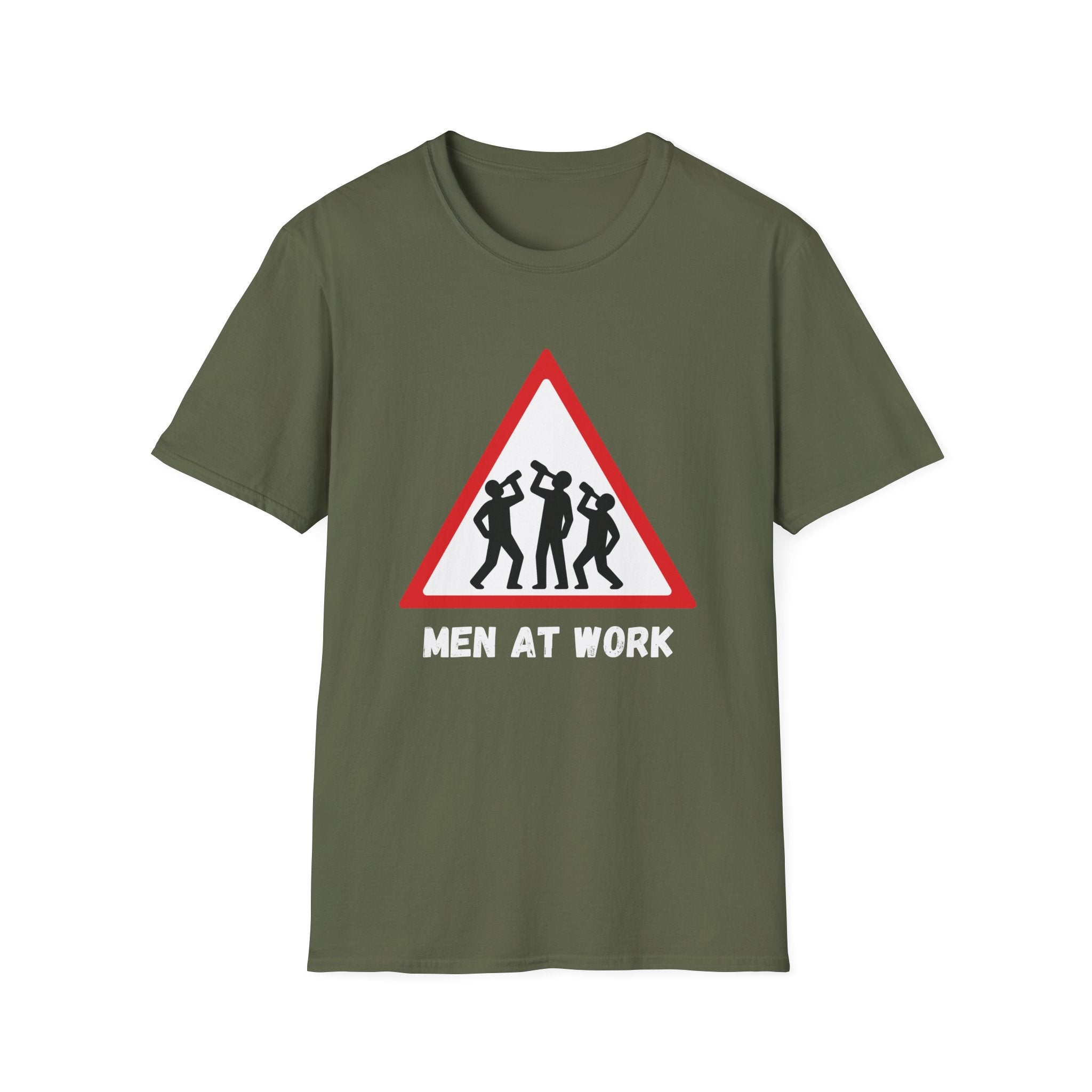 Men at Work Triangle Sign T-Shirt — Funny Beer Drinking Crew Tee