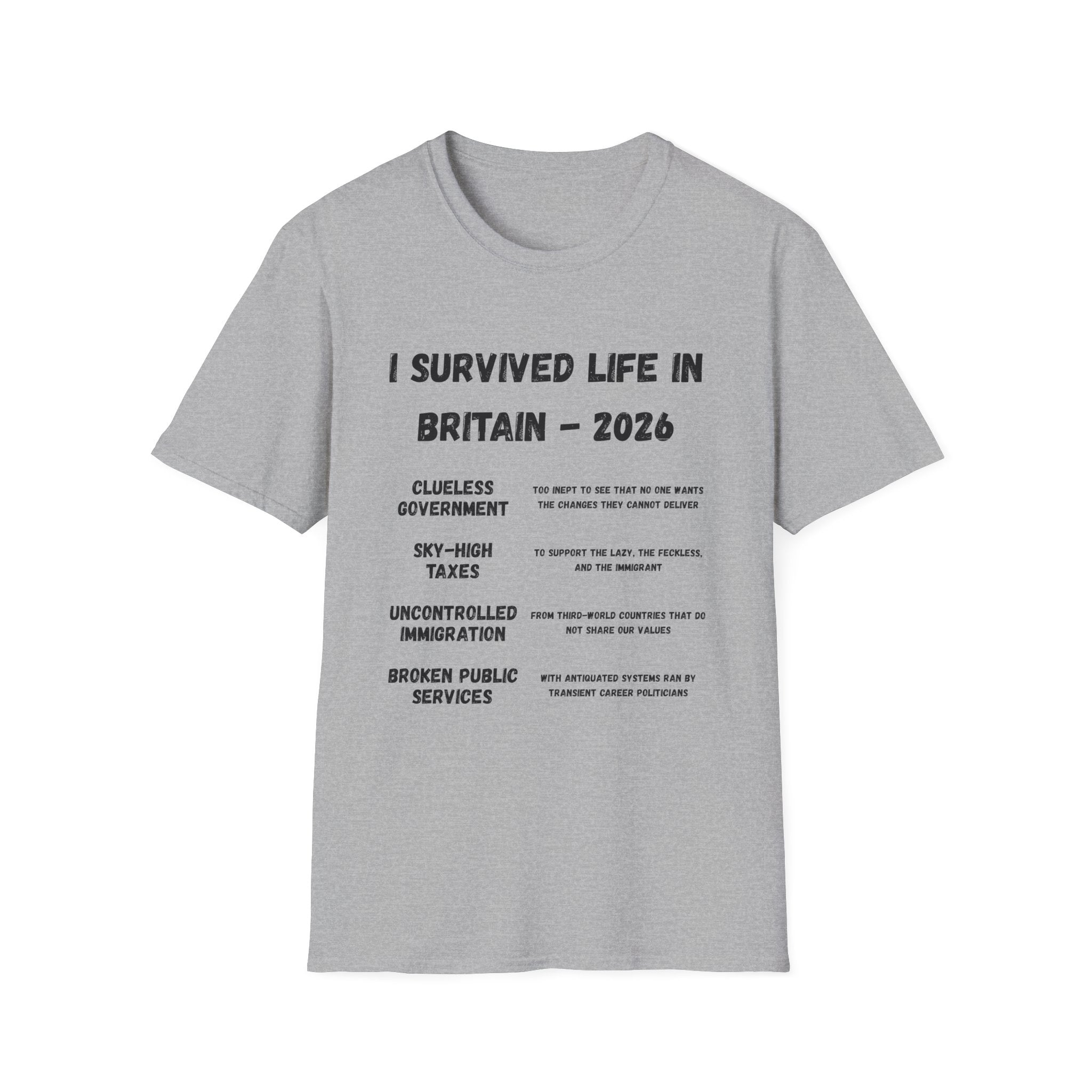 I Survived Life in Britain 2026 T-Shirt — Political Commentary Tee