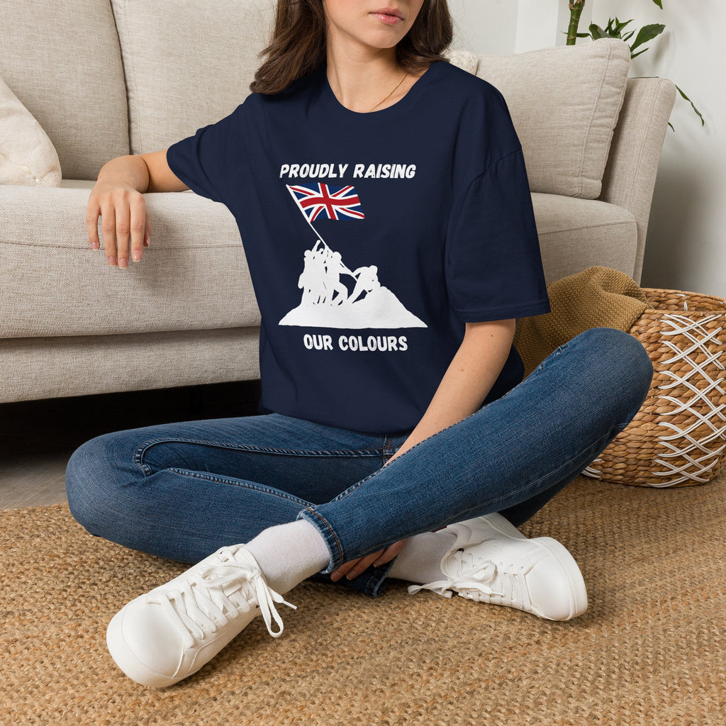 Proudly Raising Our Colours T-Shirt (smaller design) — British Flag Patriotic Tee - Our Colours