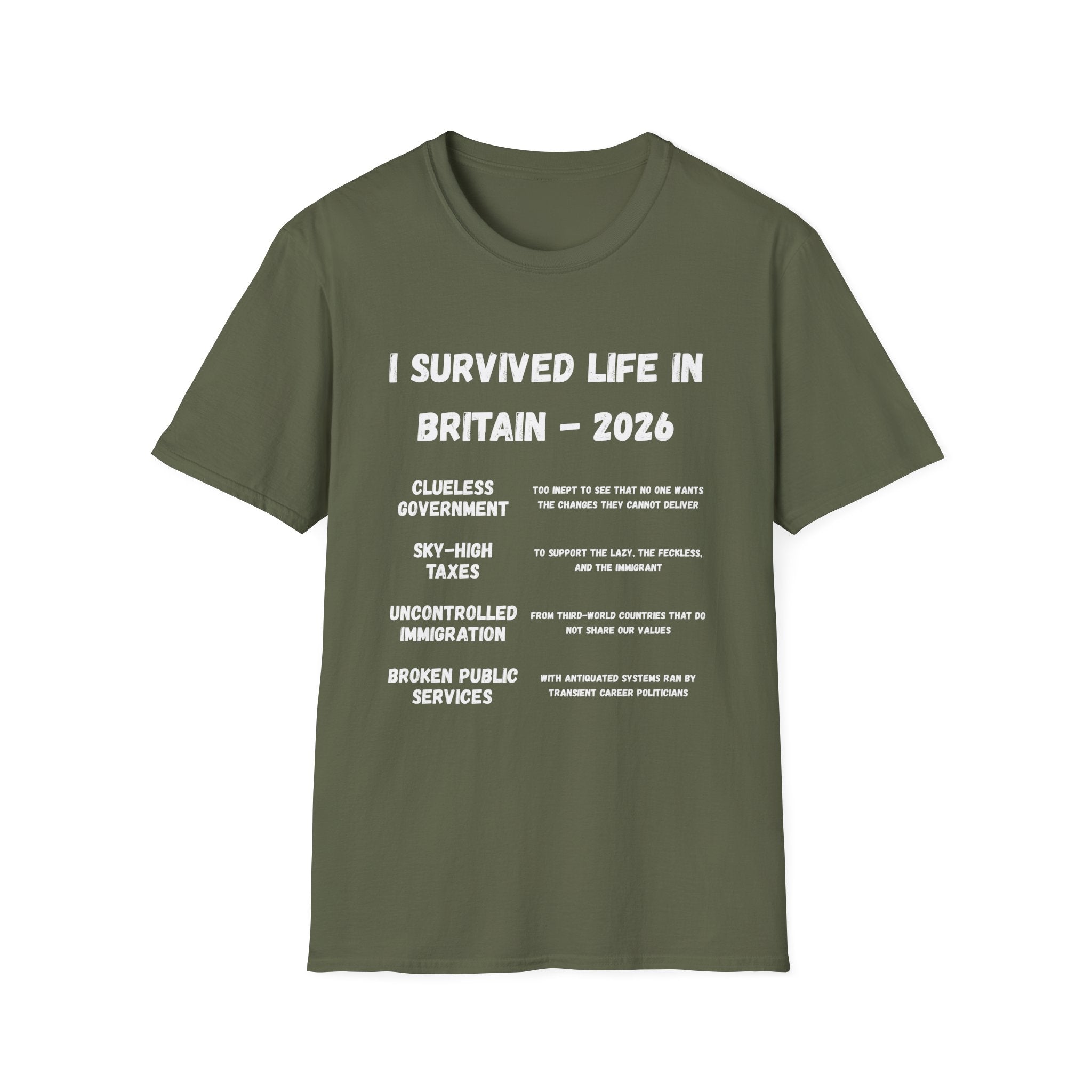 I Survived Life in Britain 2026 T-Shirt — Political Commentary Tee
