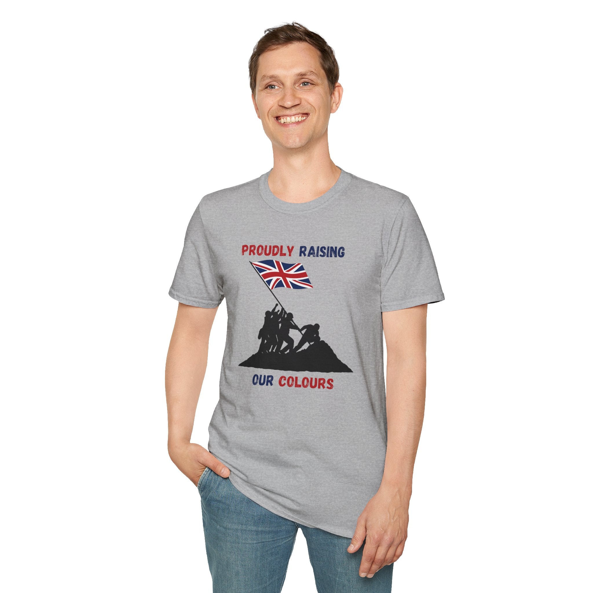 Proudly Raising Our Colours T-Shirt (smaller design) — British Flag Patriotic Tee - Our Colours