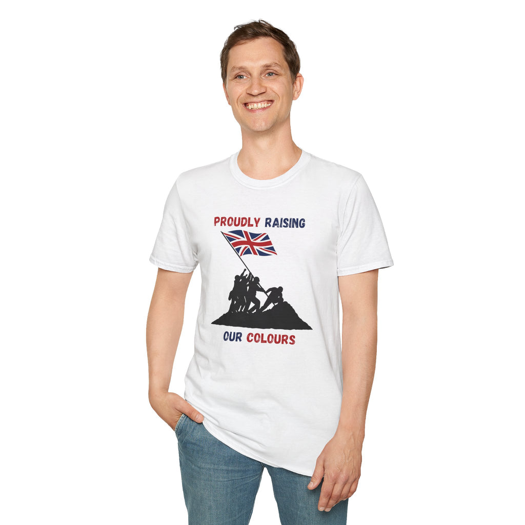 Proudly Raising Our Colours T-Shirt (smaller design) — British Flag Patriotic Tee - Our Colours