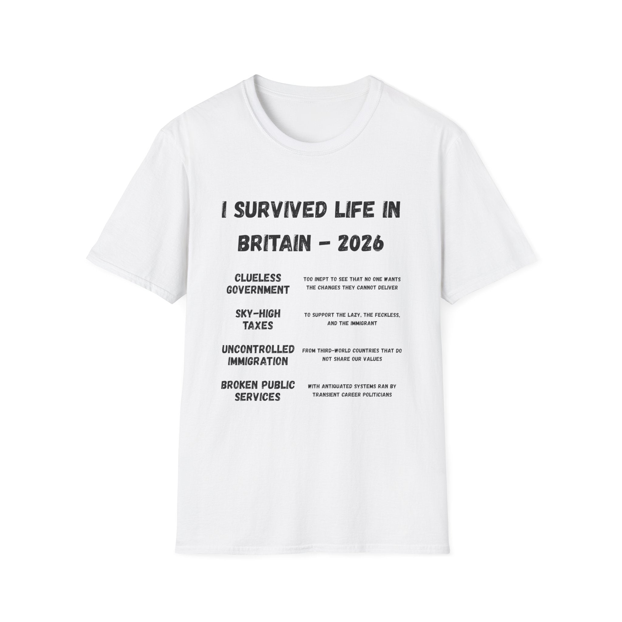 I Survived Life in Britain 2026 T-Shirt — Political Commentary Tee