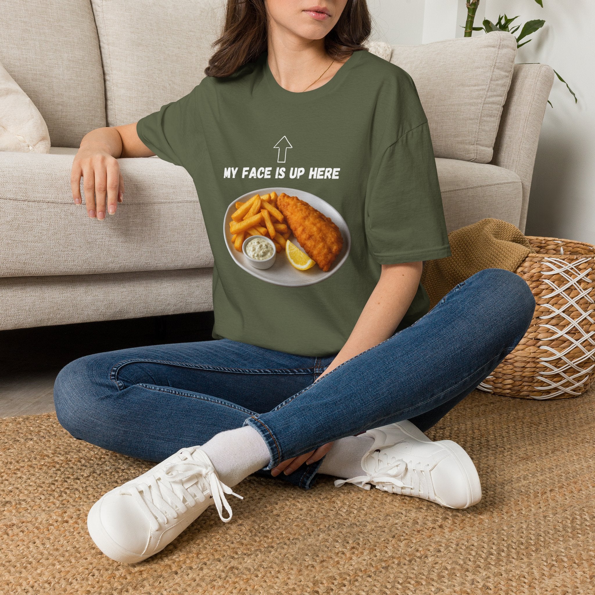 Fish & Chips "My face is up here" British Humour T-Shirt - Our Colours