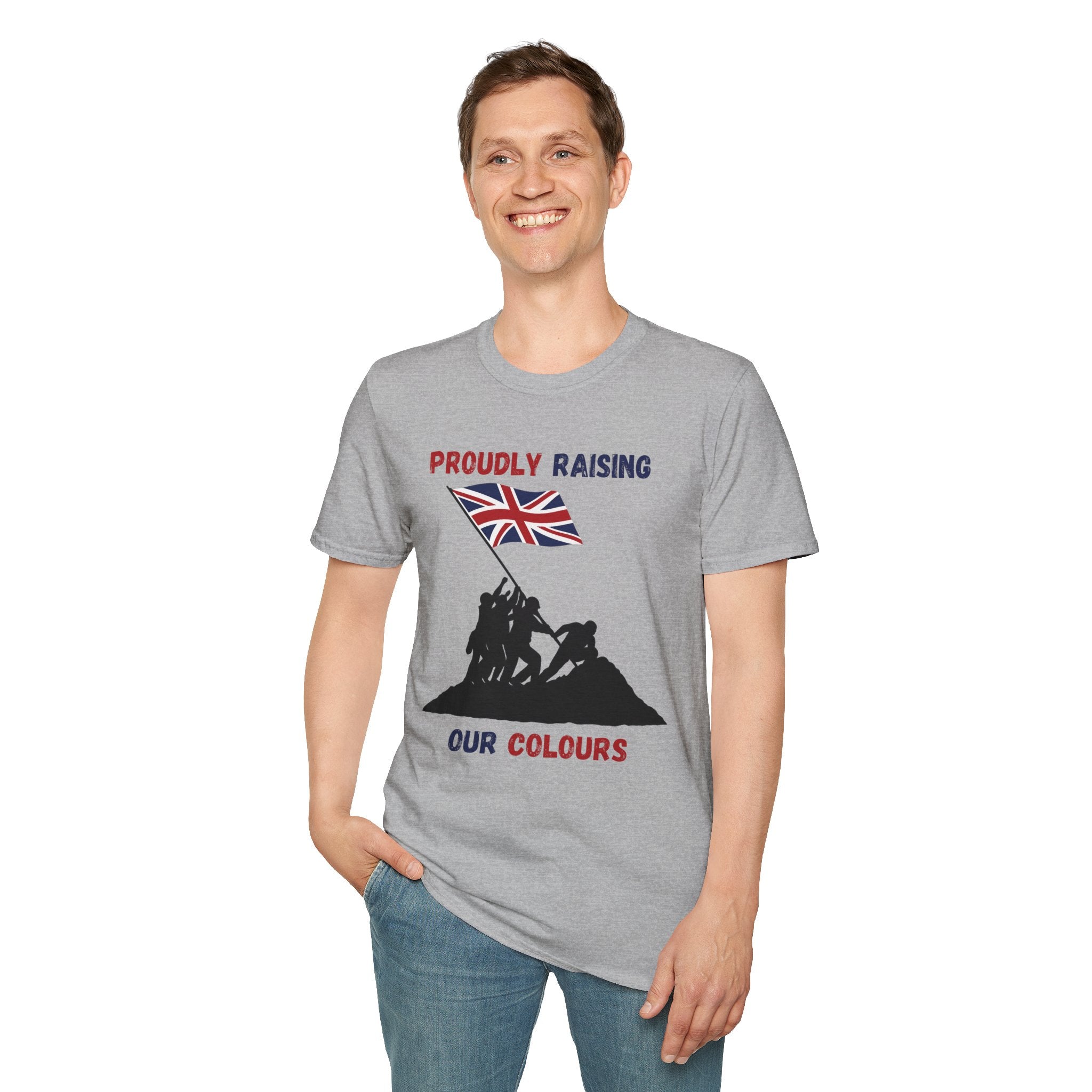 Proudly Raising Our Colours T-Shirt (smaller design) — British Flag Patriotic Tee
