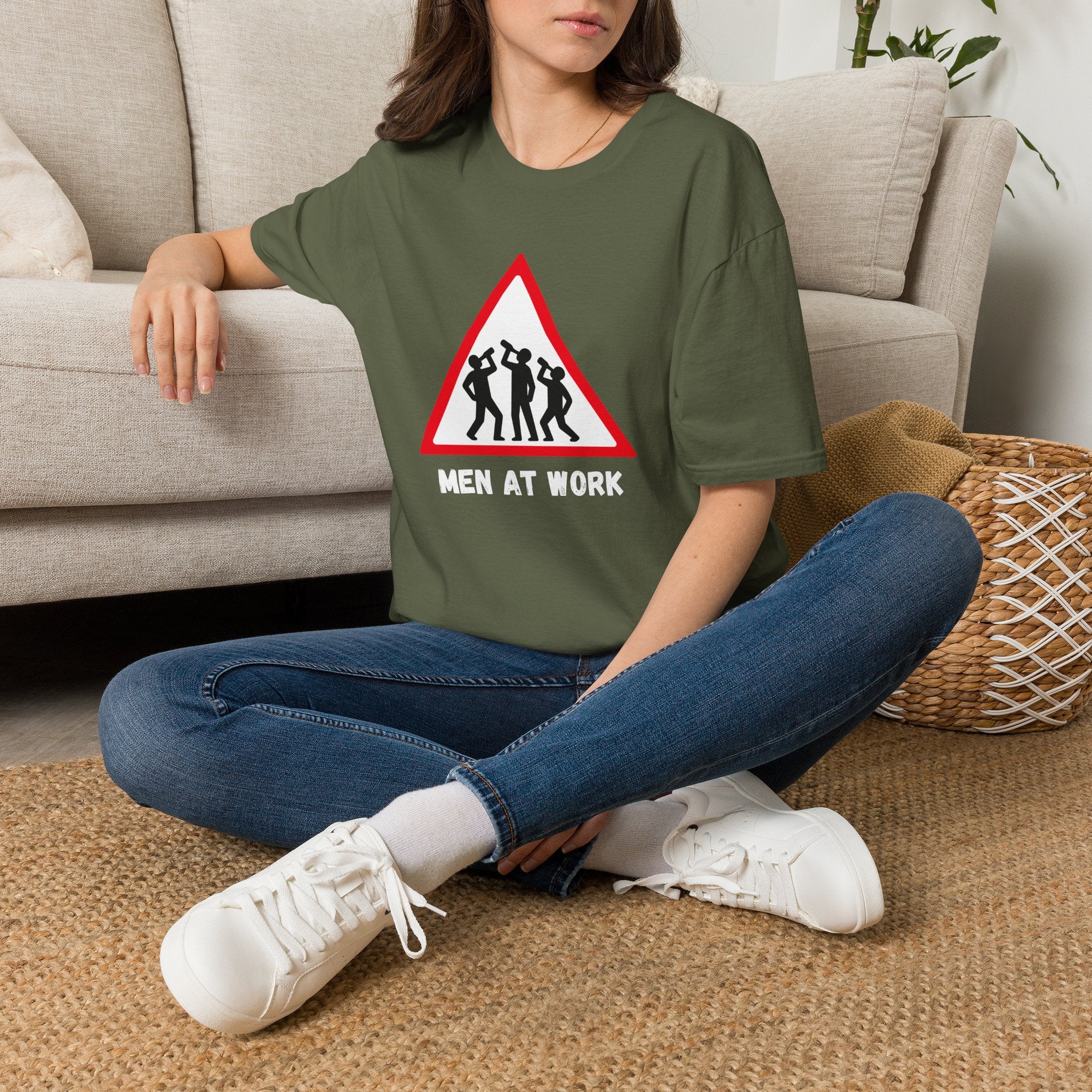 Men at Work Triangle Sign T-Shirt — Funny Beer Drinking Crew Tee - Our Colours