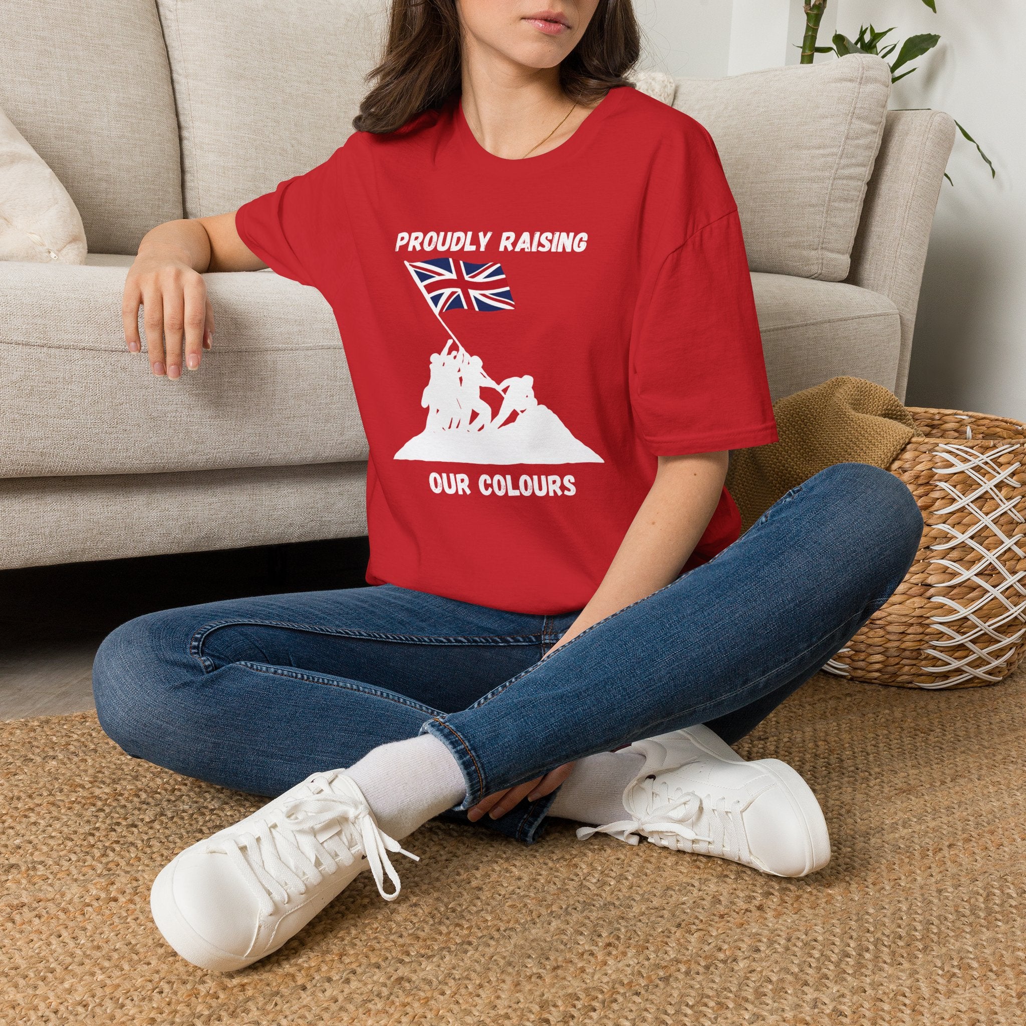 Proudly Raising Our Colours T-Shirt (smaller design) — British Flag Patriotic Tee - Our Colours