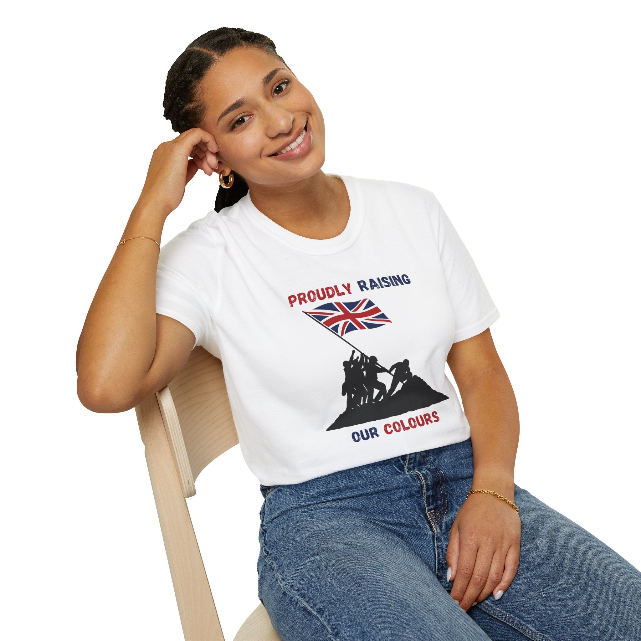 Proudly Raising Our Colours T-Shirt (smaller design) — British Flag Patriotic Tee - Our Colours