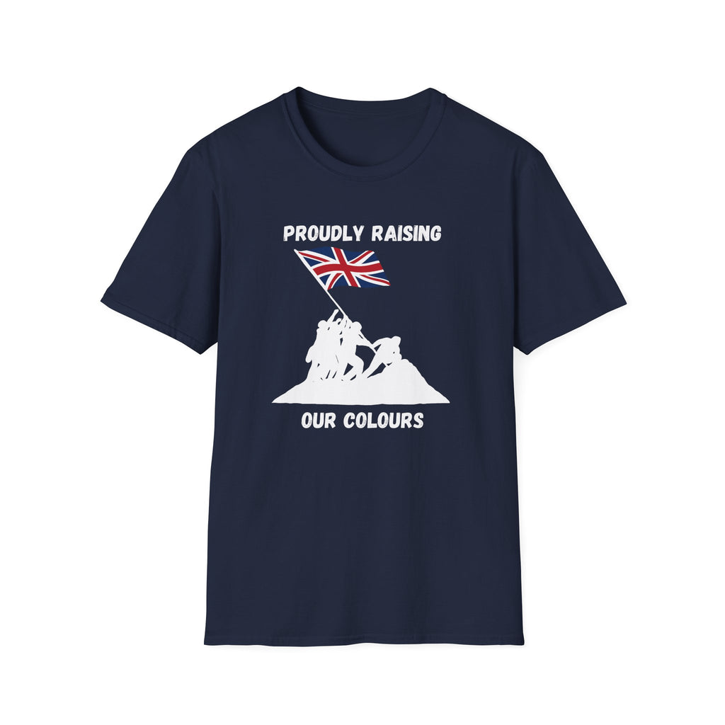 Proudly Raising Our Colours T-Shirt (smaller design) — British Flag Patriotic Tee - Our Colours
