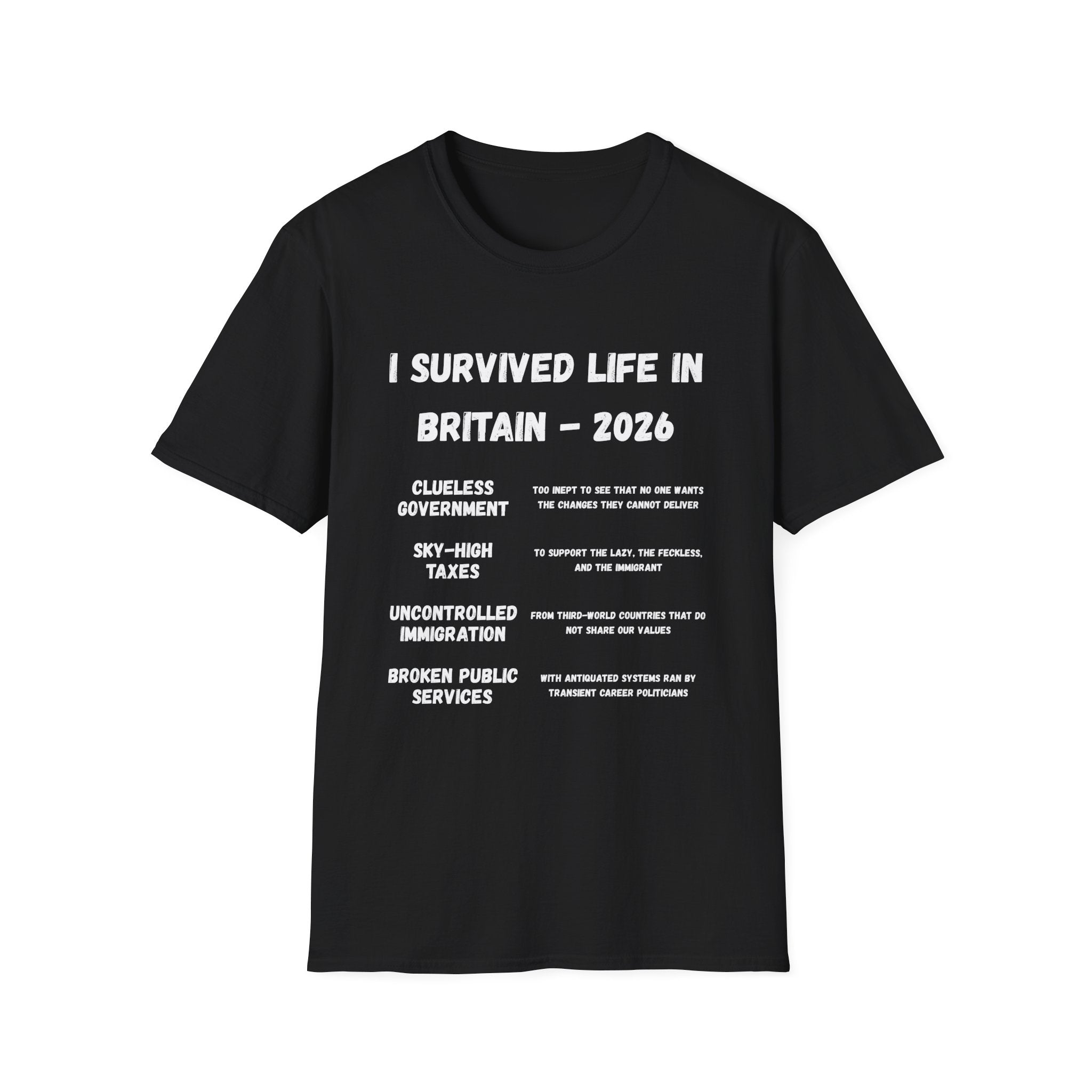 I Survived Life in Britain 2026 T-Shirt — Political Commentary Tee