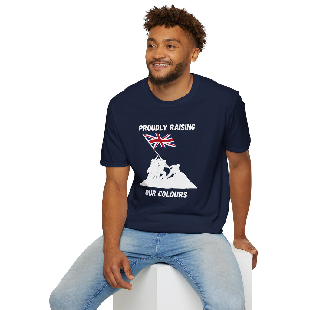 Proudly Raising Our Colours T-Shirt (smaller design) — British Flag Patriotic Tee - Our Colours