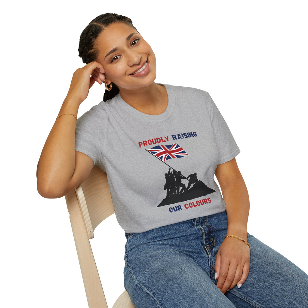 Proudly Raising Our Colours T-Shirt (smaller design) — British Flag Patriotic Tee - Our Colours