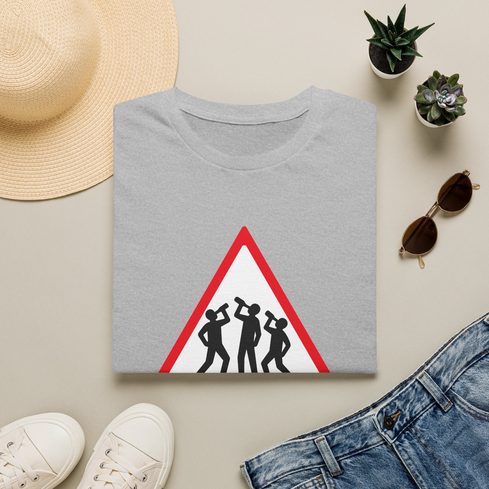 Men at Work Triangle Sign T-Shirt — Funny Beer Drinking Crew Tee - Our Colours