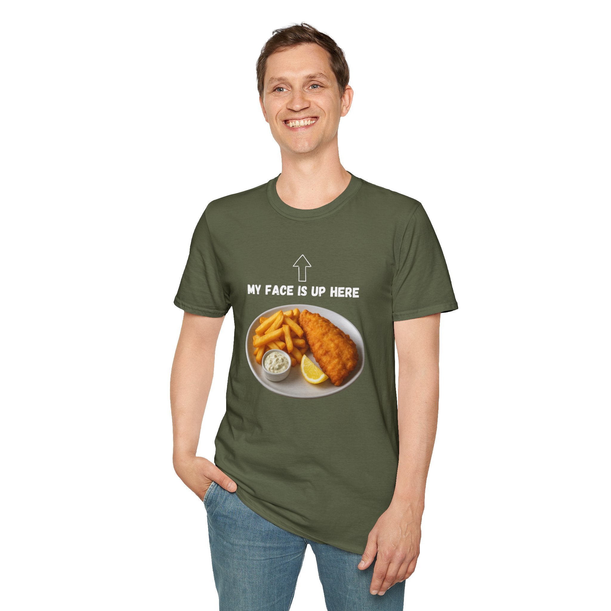 Fish & Chips "My face is up here" British Humour T-Shirt - Our Colours