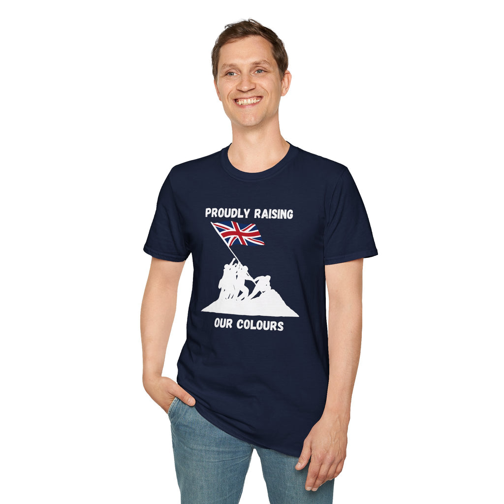 Proudly Raising Our Colours T-Shirt (smaller design) — British Flag Patriotic Tee - Our Colours