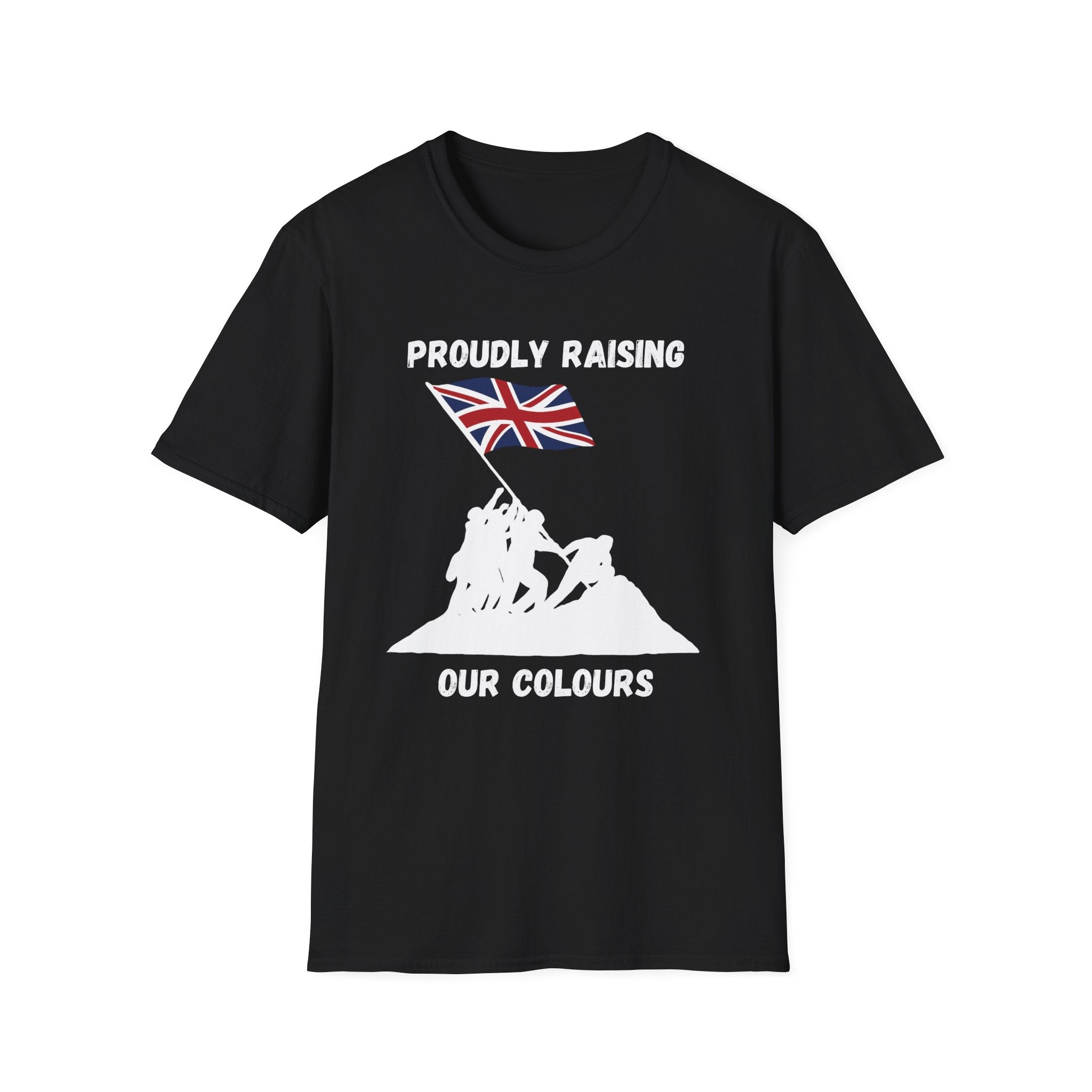 Proudly Raising Our Colours T-Shirt (smaller design) — British Flag Patriotic Tee