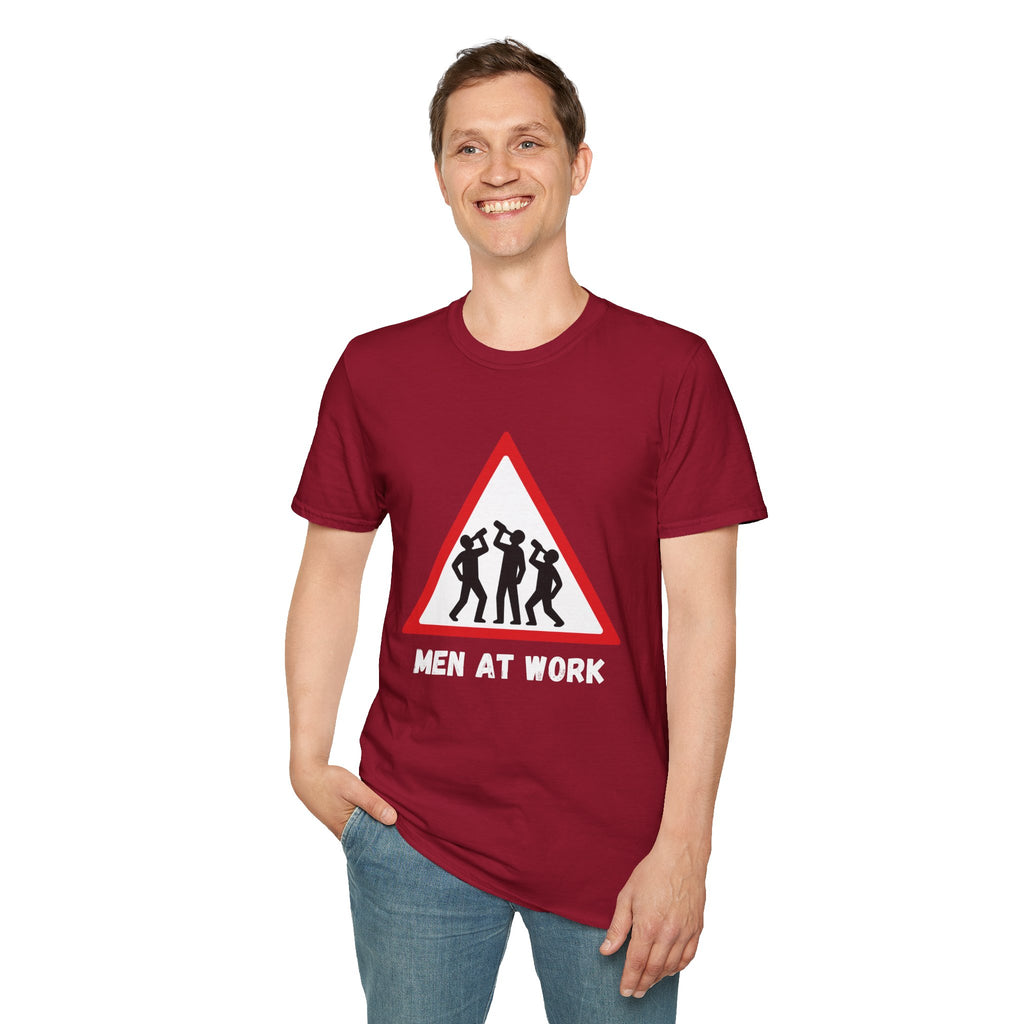 Men at Work Triangle Sign T-Shirt — Funny Beer Drinking Crew Tee