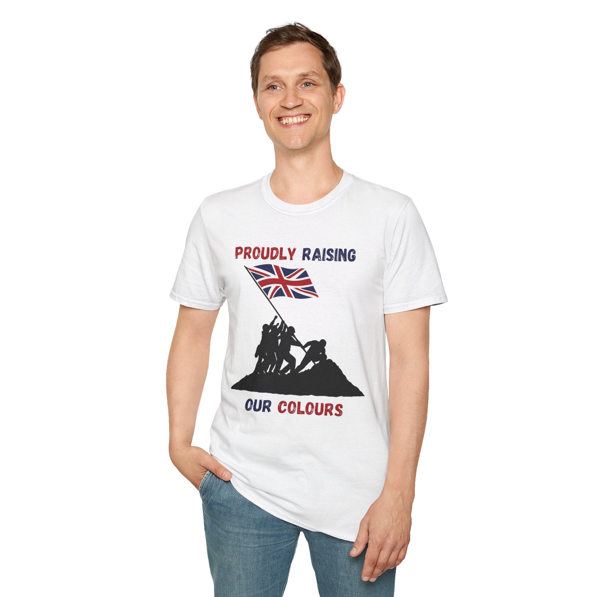 Proudly Raising Our Colours T-Shirt (smaller design) — British Flag Patriotic Tee
