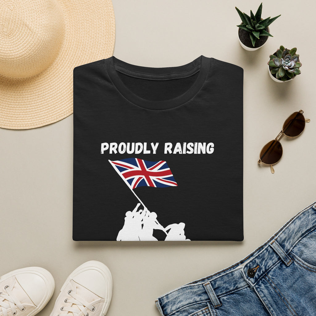 Proudly Raising Our Colours T-Shirt (smaller design) — British Flag Patriotic Tee - Our Colours