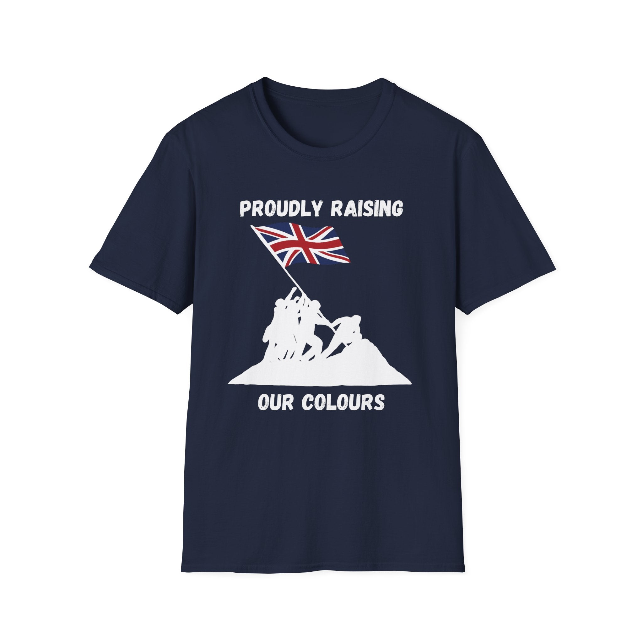 Proudly Raising Our Colours T-Shirt (smaller design) — British Flag Patriotic Tee