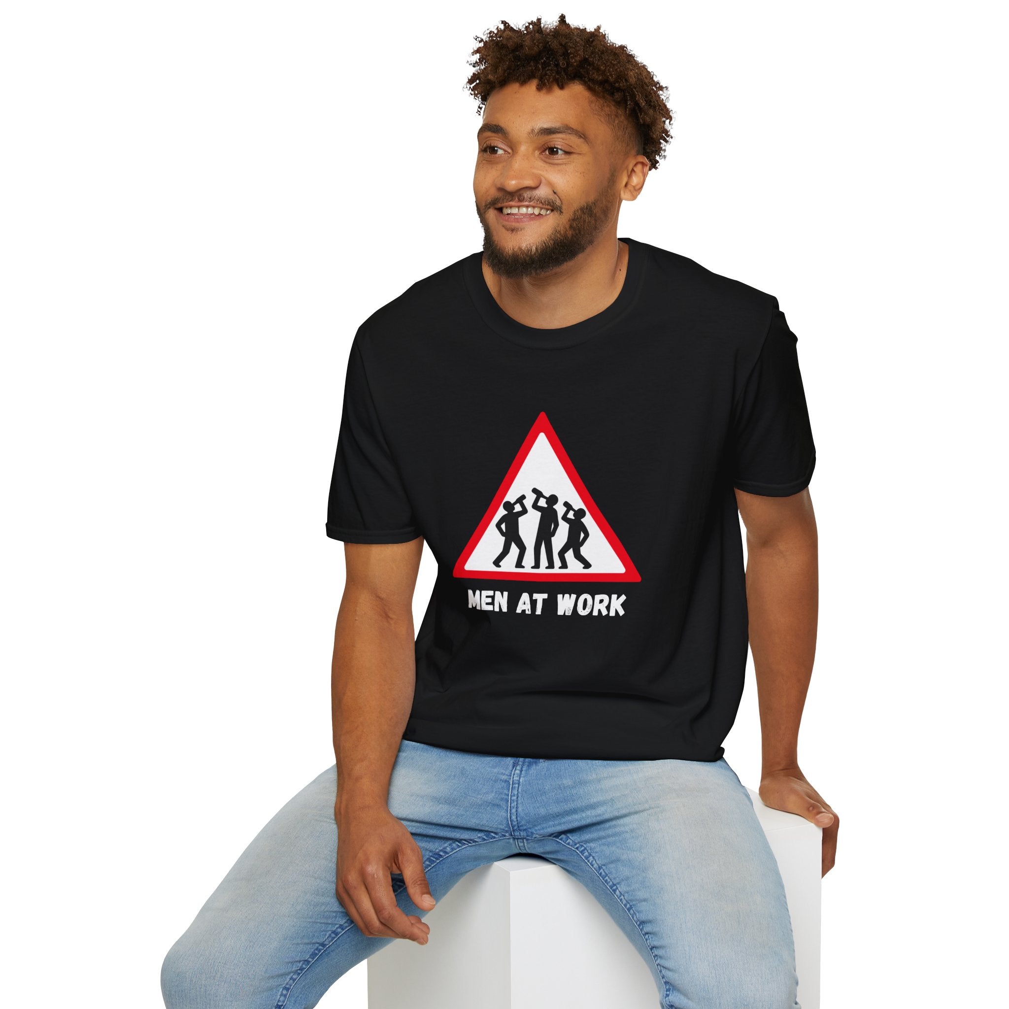 Men at Work Triangle Sign T-Shirt — Funny Beer Drinking Crew Tee - Our Colours
