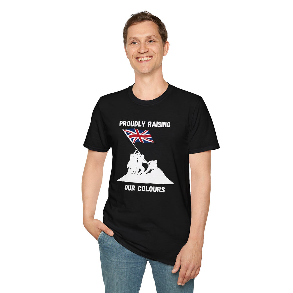 Proudly Raising Our Colours T-Shirt (smaller design) — British Flag Patriotic Tee - Our Colours