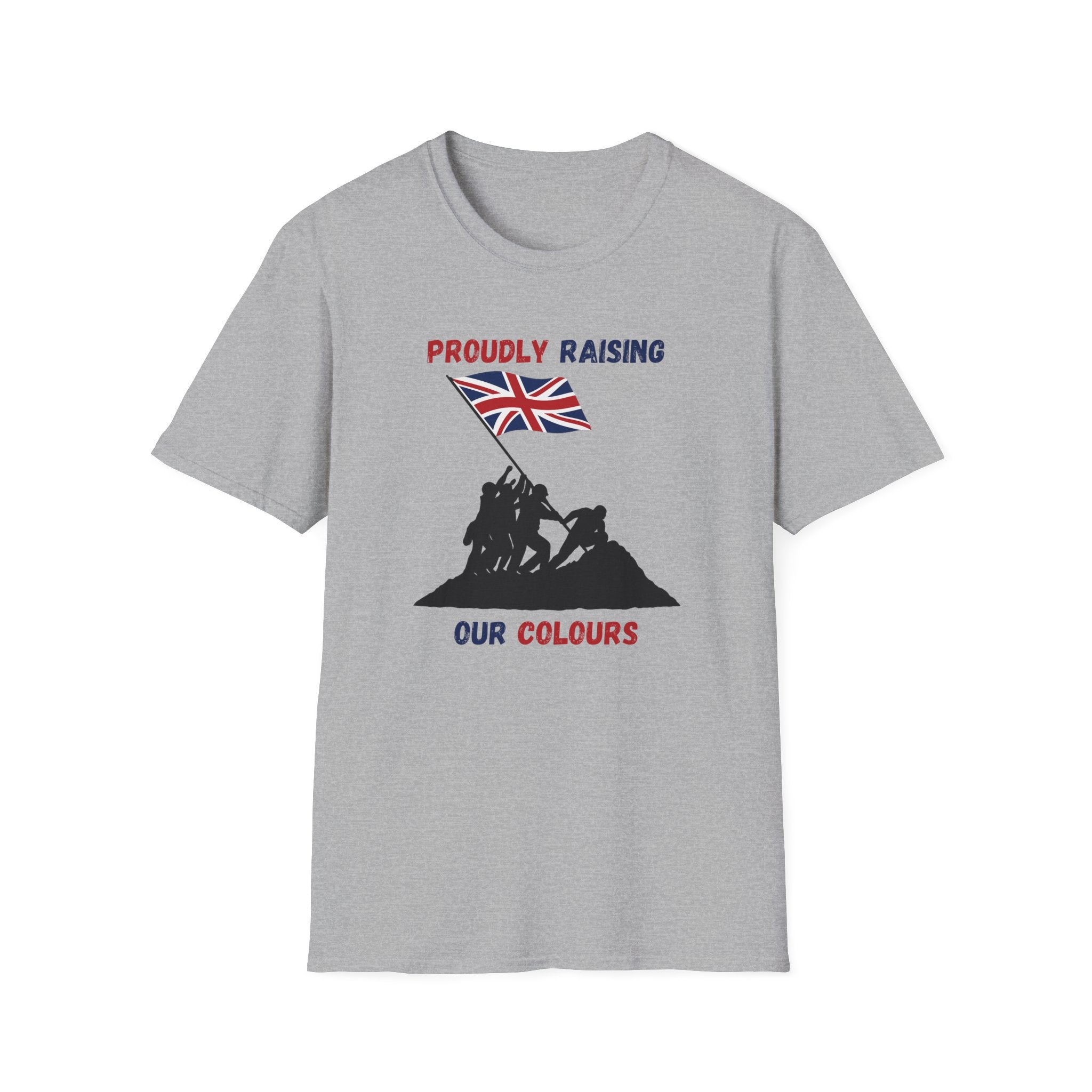 Proudly Raising Our Colours T-Shirt (smaller design) — British Flag Patriotic Tee