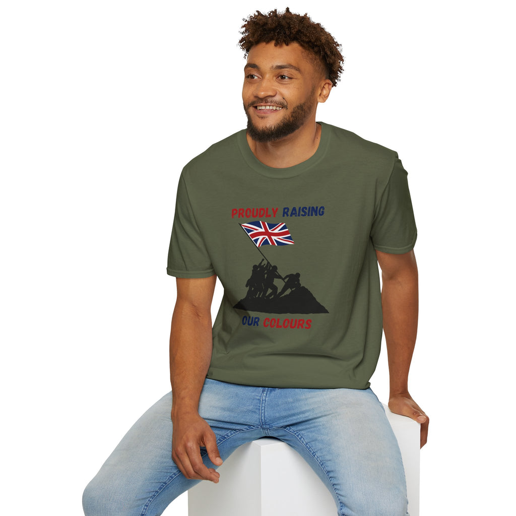 Proudly Raising Our Colours T-Shirt (smaller design) — British Flag Patriotic Tee - Our Colours