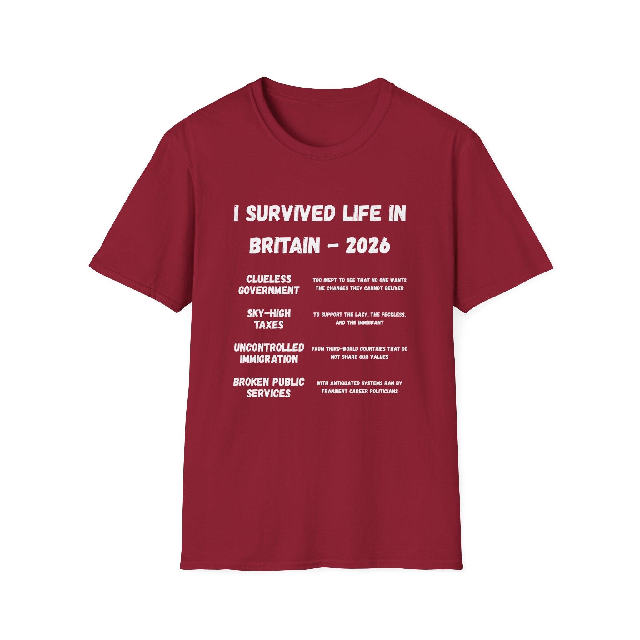 I Survived Life in Britain 2026 T-Shirt — Political Commentary Tee