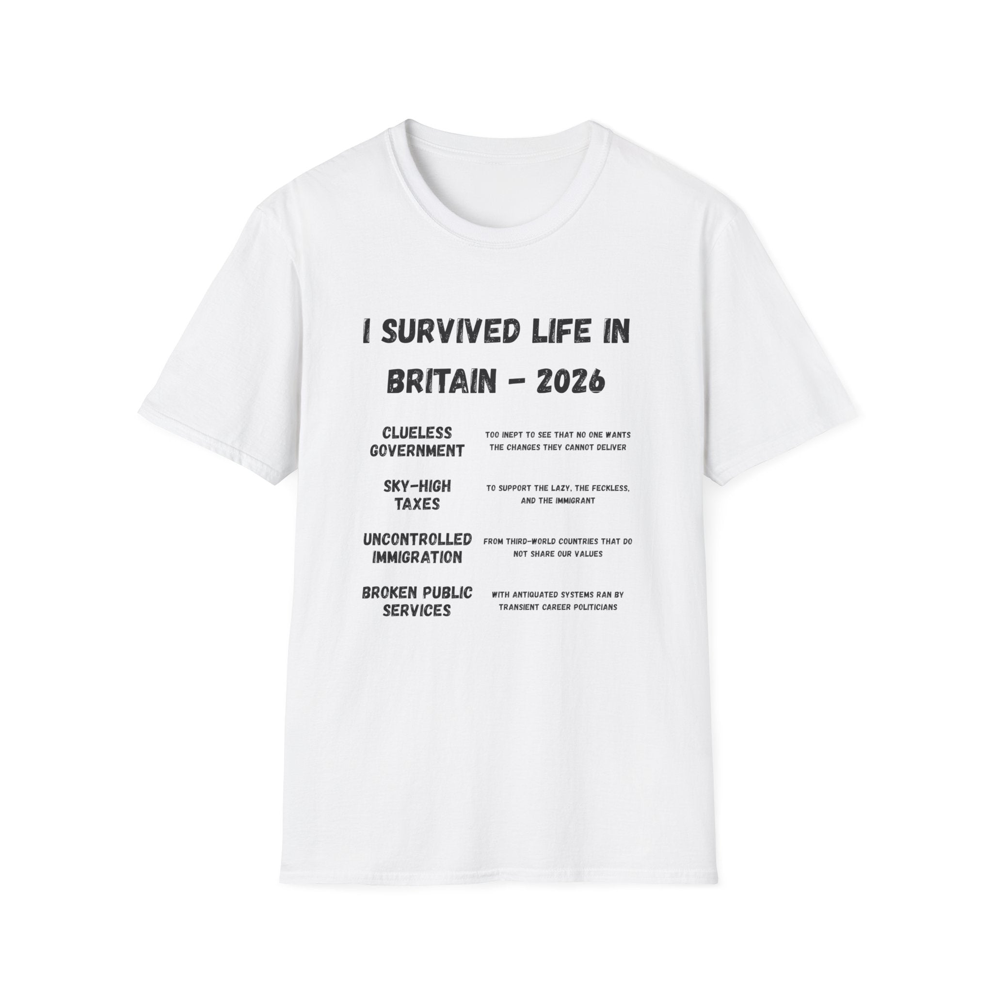 I Survived Life in Britain 2026 T-Shirt — Political Commentary Tee