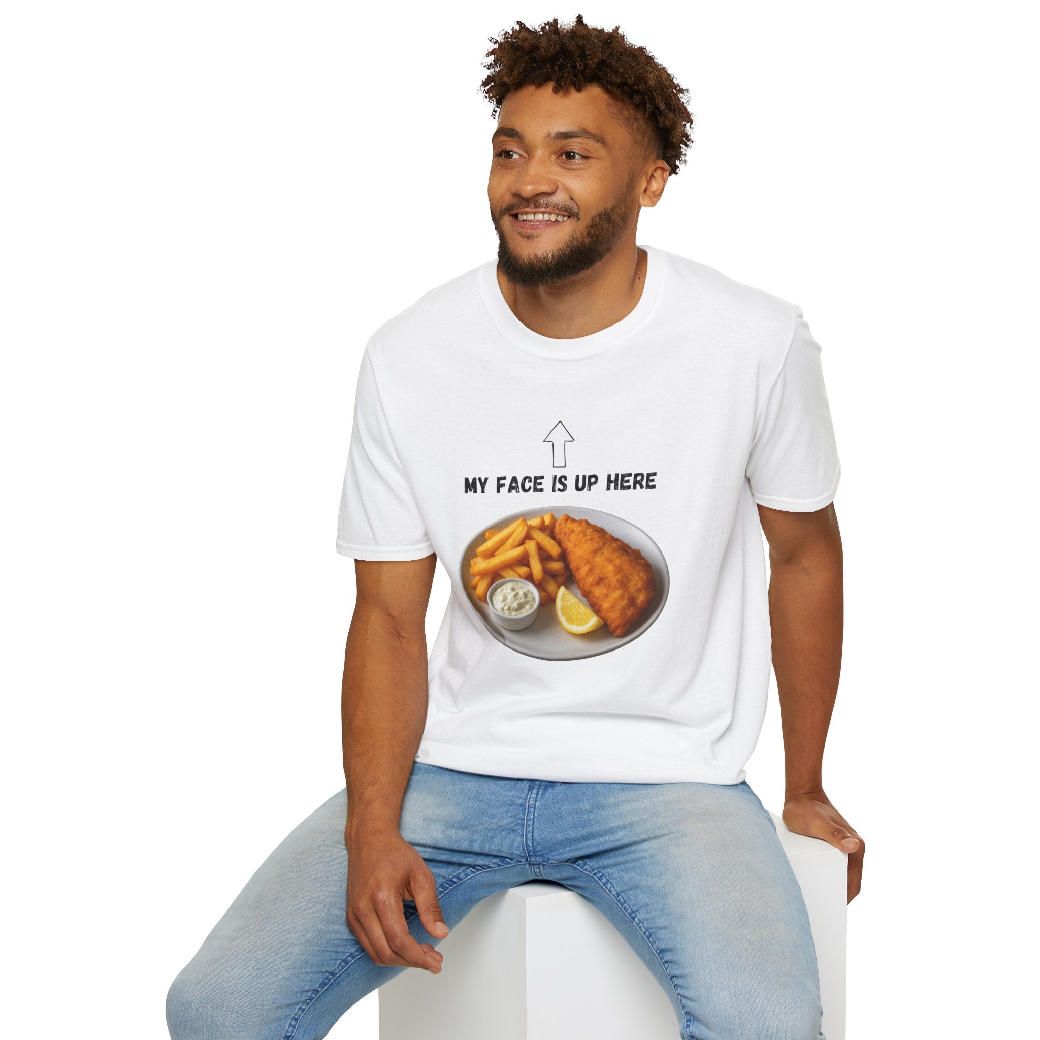 Fish & Chips "My face is up here" British Humour T-Shirt - Our Colours