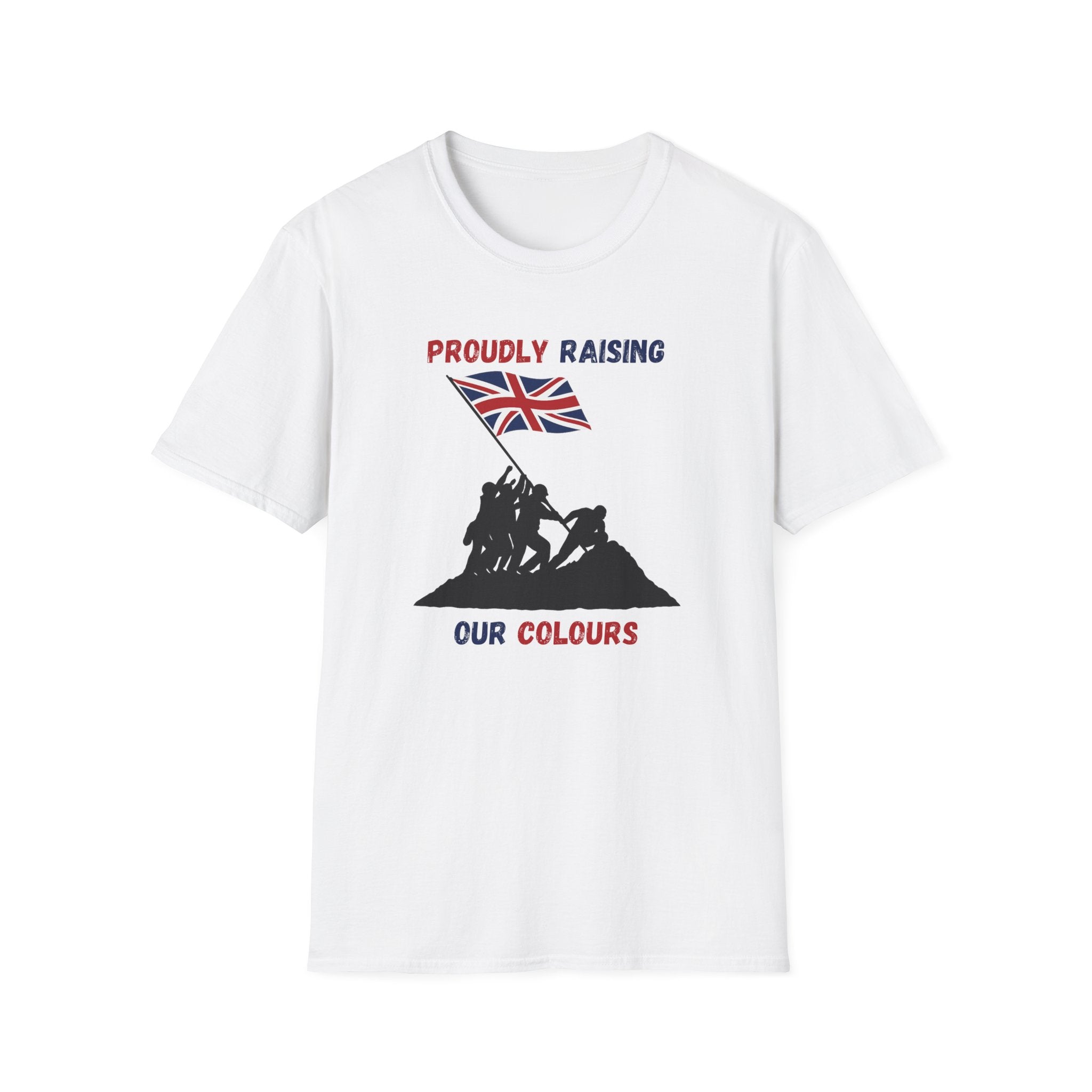 Proudly Raising Our Colours T-Shirt (smaller design) — British Flag Patriotic Tee