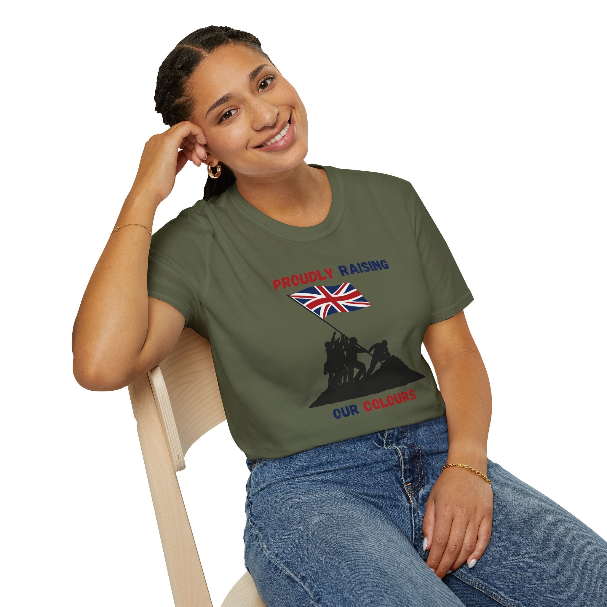 Proudly Raising Our Colours T-Shirt (smaller design) — British Flag Patriotic Tee - Our Colours
