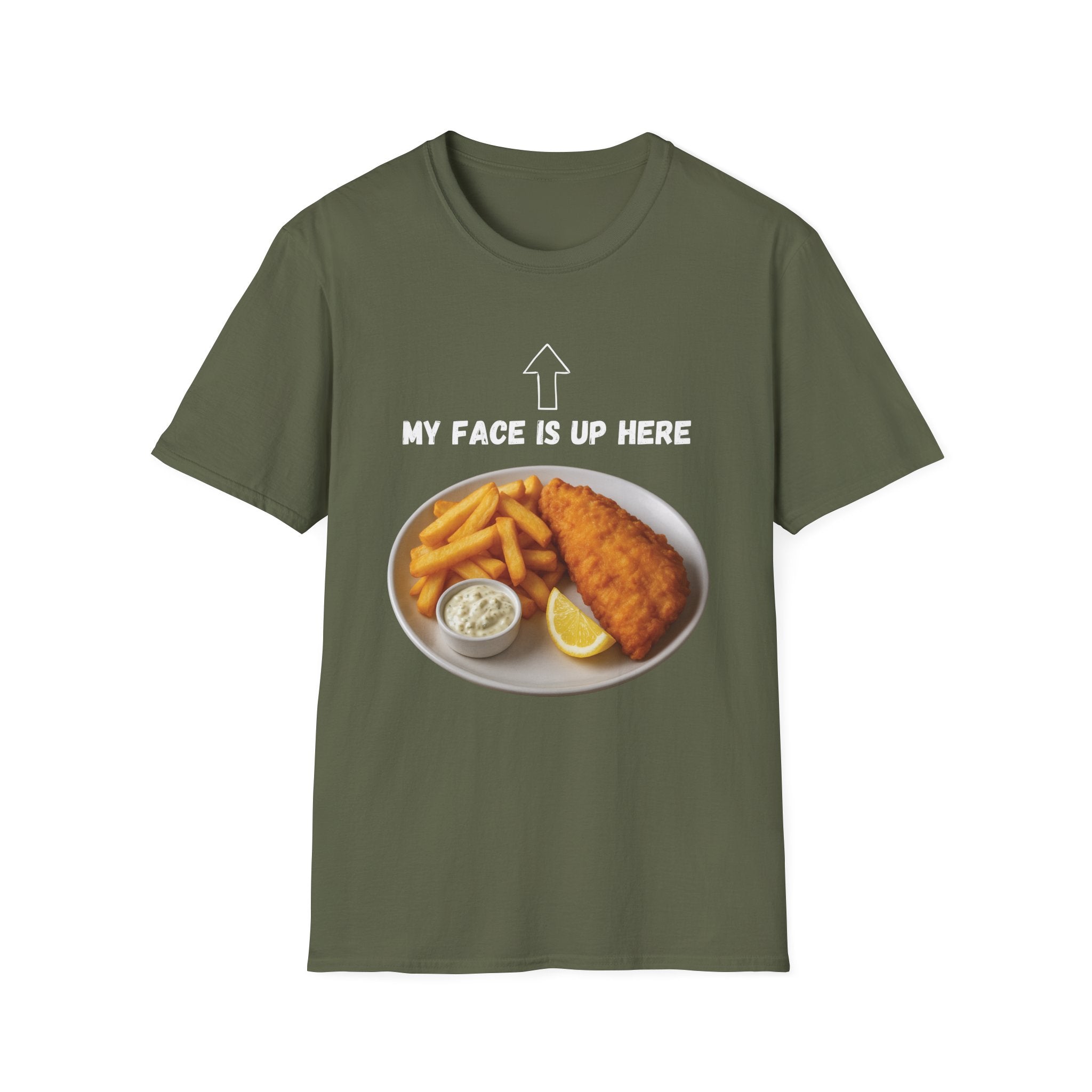 Fish & Chips "My face is up here" British Humour T-Shirt