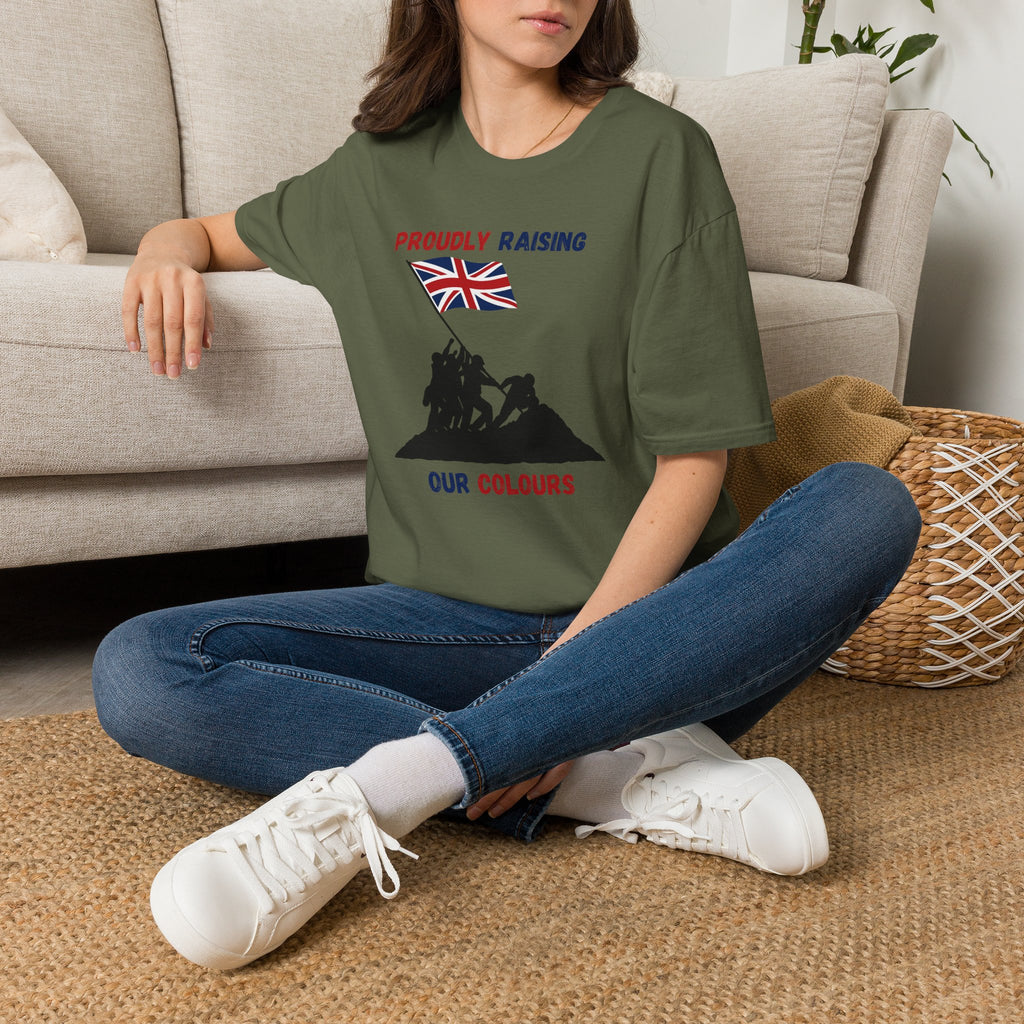 Proudly Raising Our Colours T-Shirt (smaller design) — British Flag Patriotic Tee - Our Colours