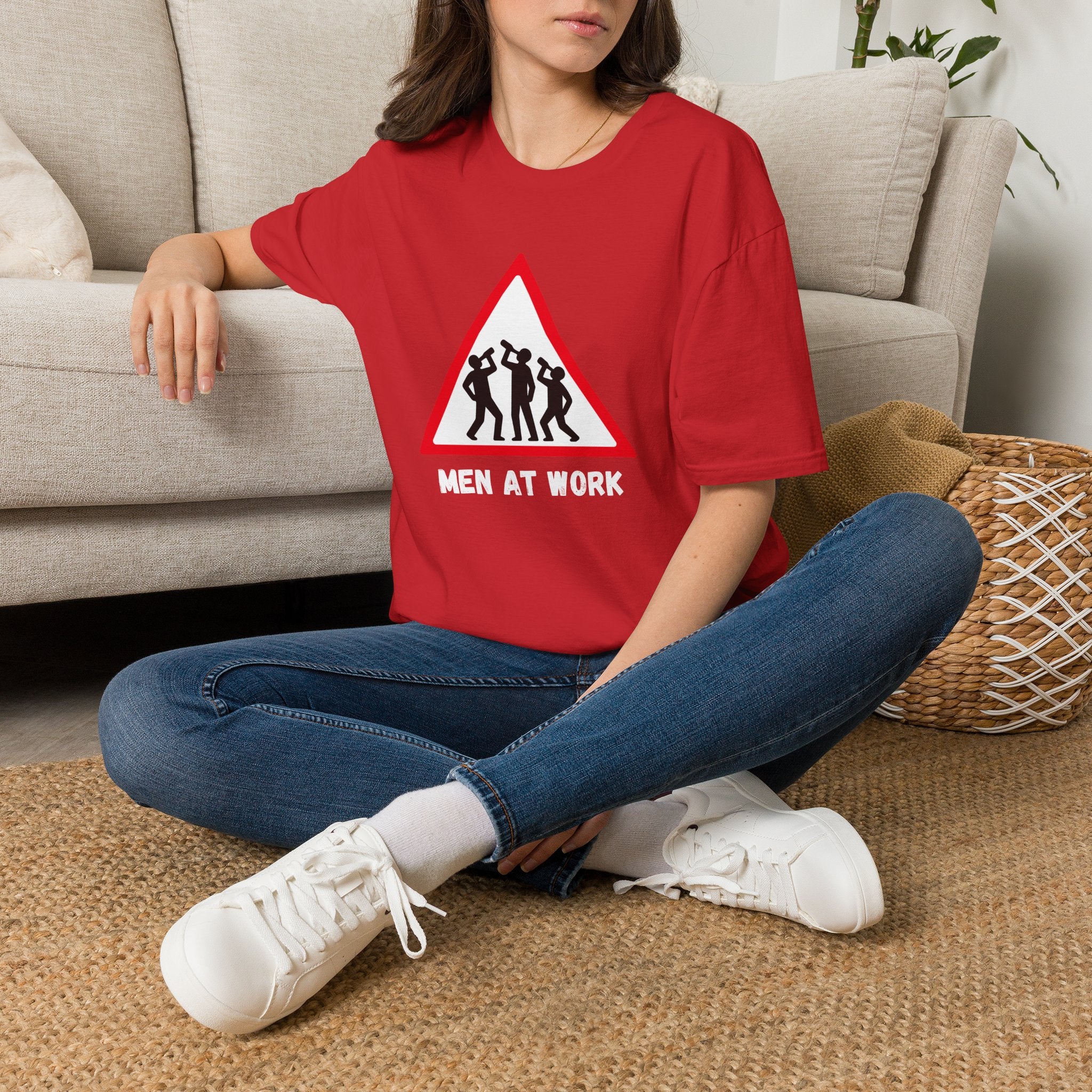 Men at Work Triangle Sign T-Shirt — Funny Beer Drinking Crew Tee - Our Colours