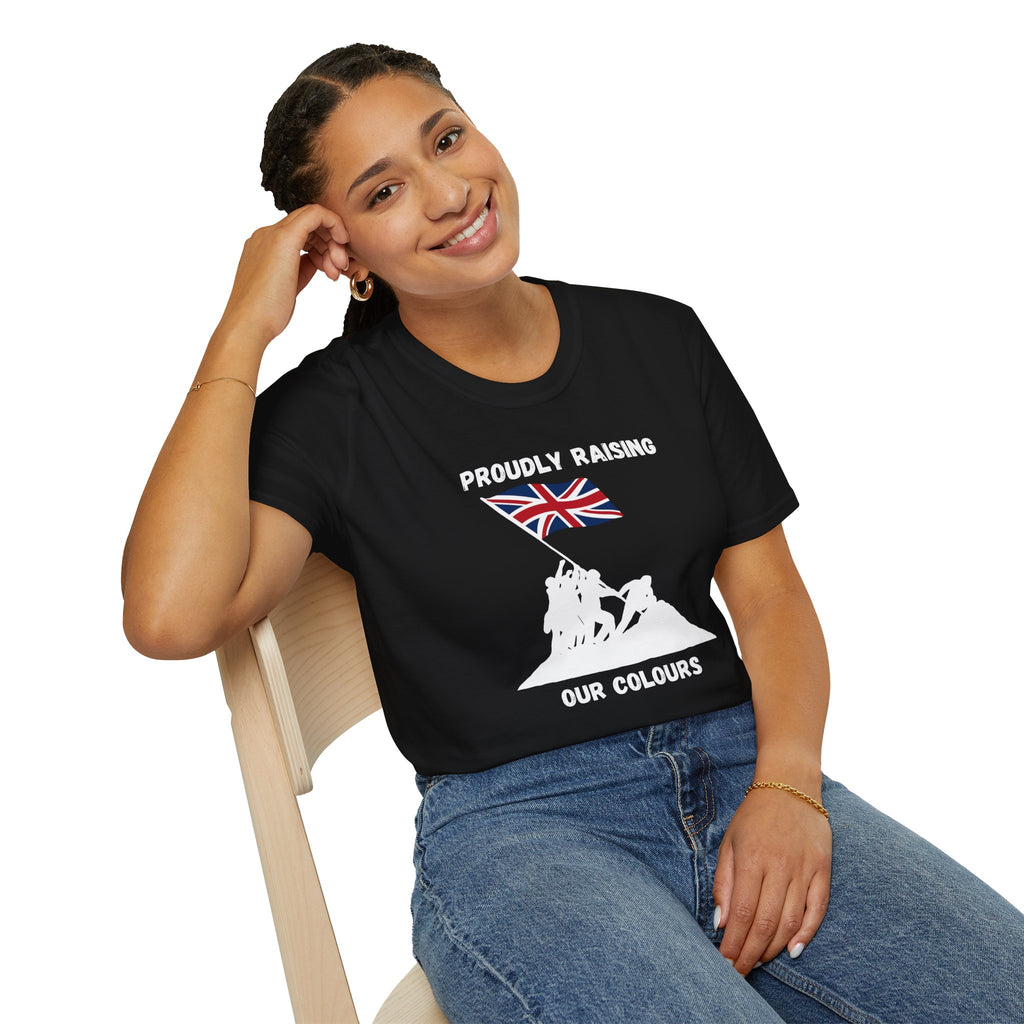 Proudly Raising Our Colours T-Shirt (smaller design) — British Flag Patriotic Tee - Our Colours