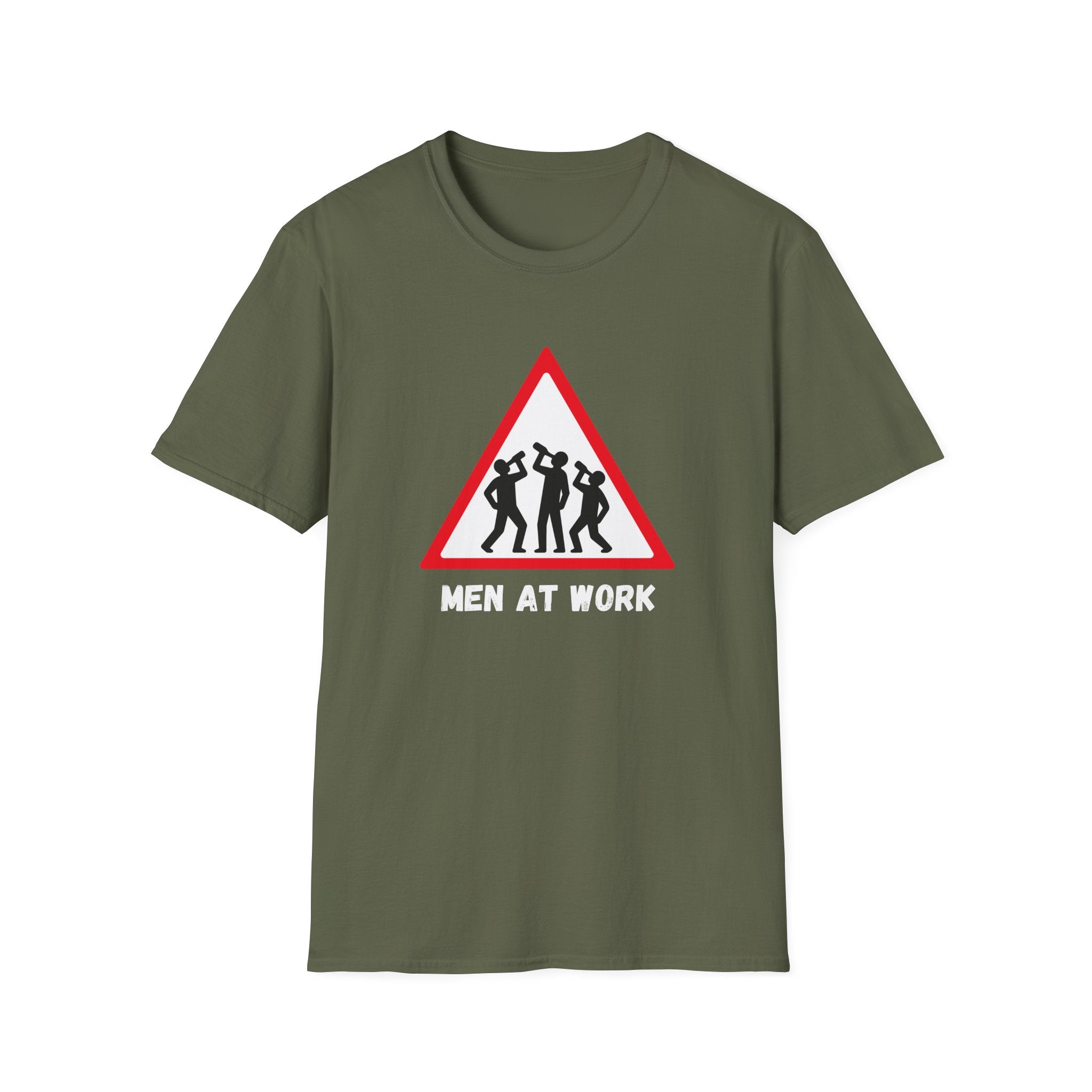 Men at Work Triangle Sign T-Shirt — Funny Beer Drinking Crew Tee