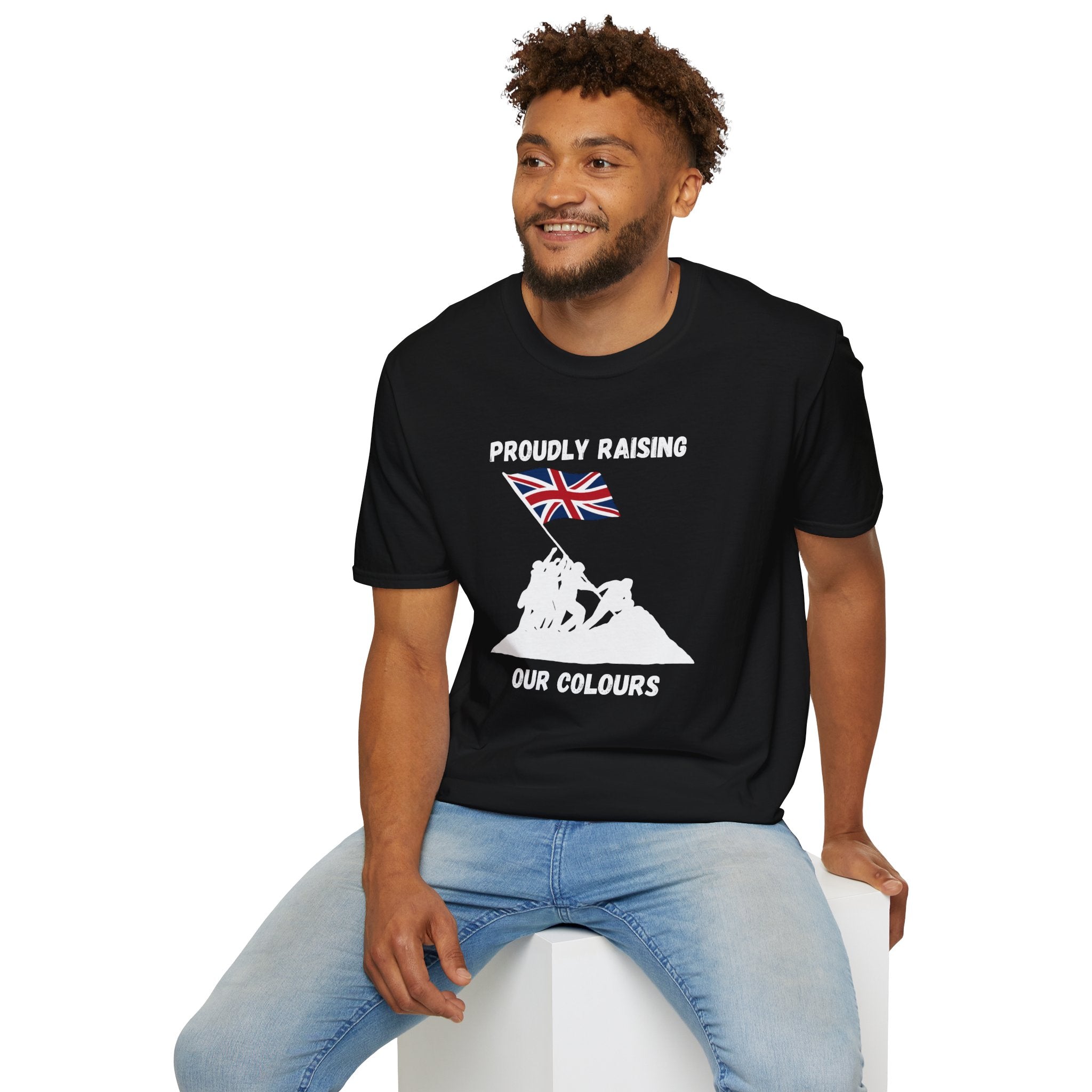 Proudly Raising Our Colours T-Shirt (smaller design) — British Flag Patriotic Tee - Our Colours