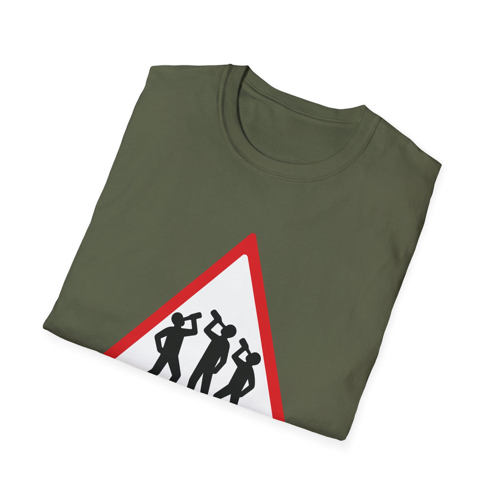 Men at Work Triangle Sign T-Shirt — Funny Beer Drinking Crew Tee