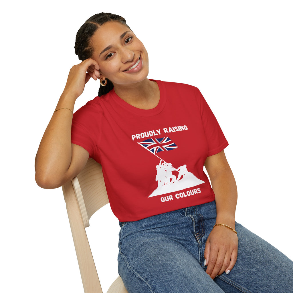 Proudly Raising Our Colours T-Shirt (smaller design) — British Flag Patriotic Tee - Our Colours