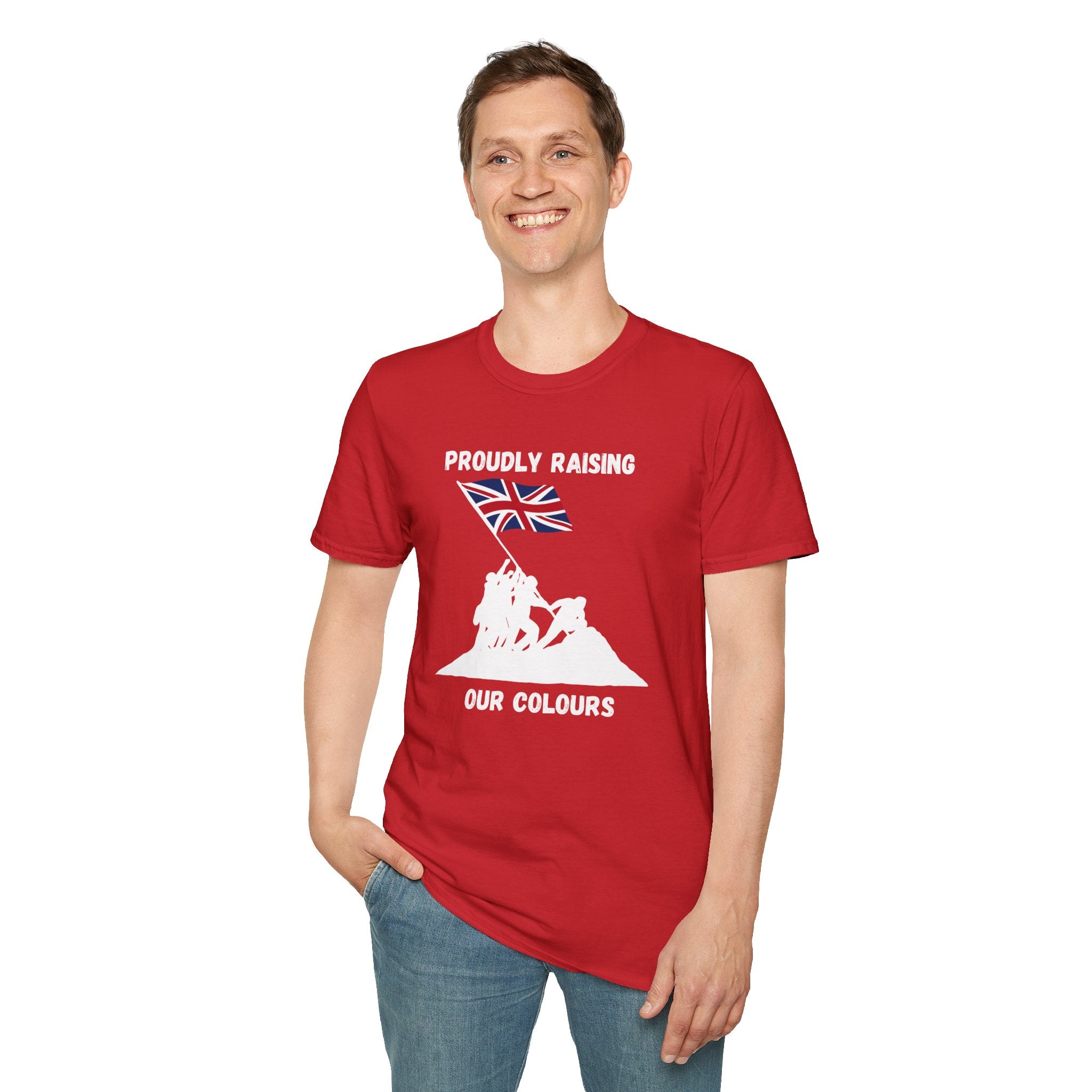 Proudly Raising Our Colours T-Shirt (smaller design) — British Flag Patriotic Tee - Our Colours