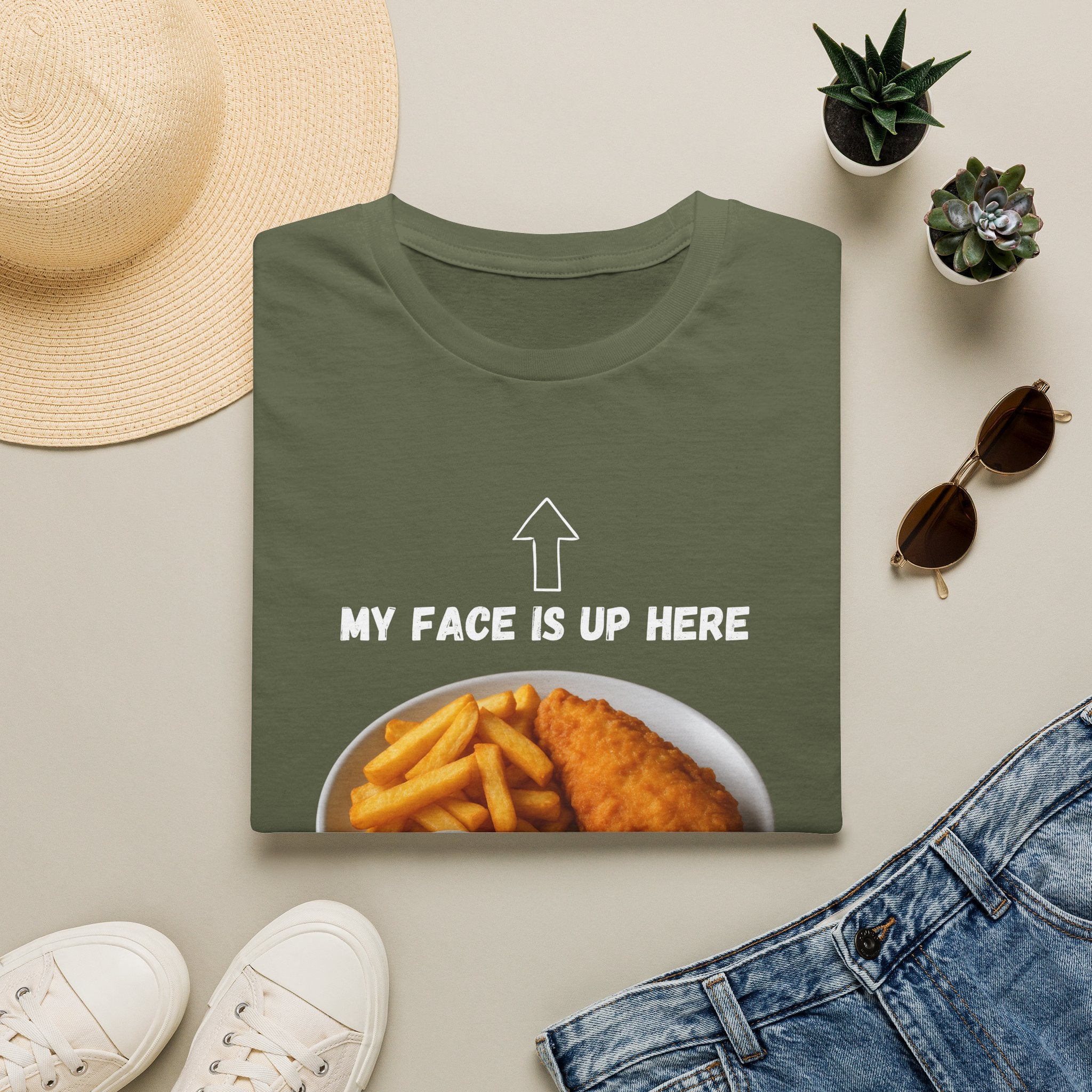 Fish & Chips "My face is up here" British Humour T-Shirt - Our Colours