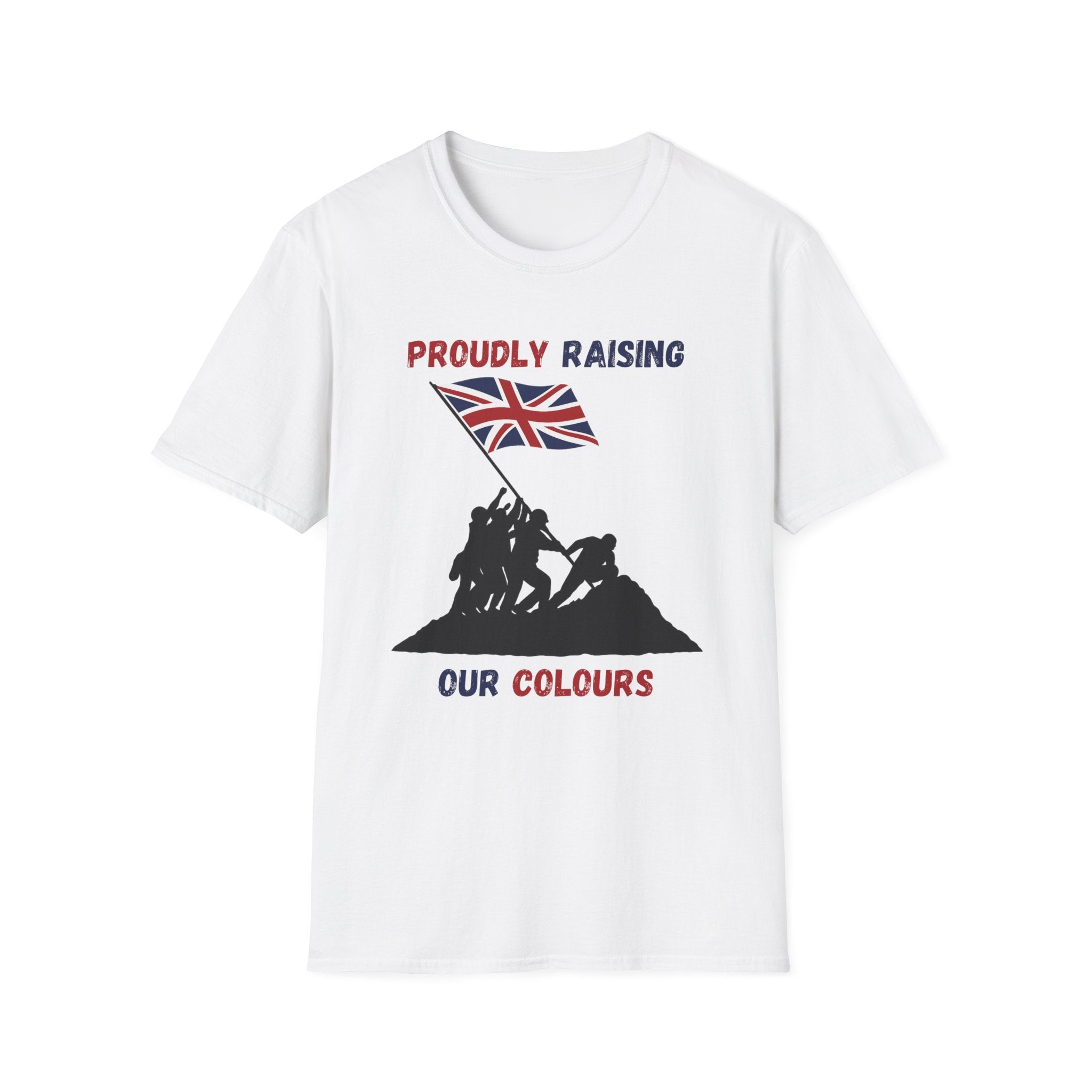 Proudly Raising Our Colours T-Shirt (smaller design) — British Flag Patriotic Tee