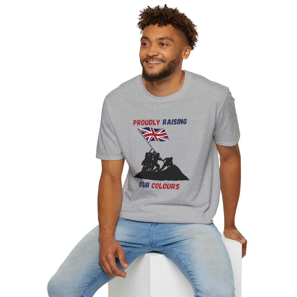 Proudly Raising Our Colours T-Shirt (smaller design) — British Flag Patriotic Tee - Our Colours