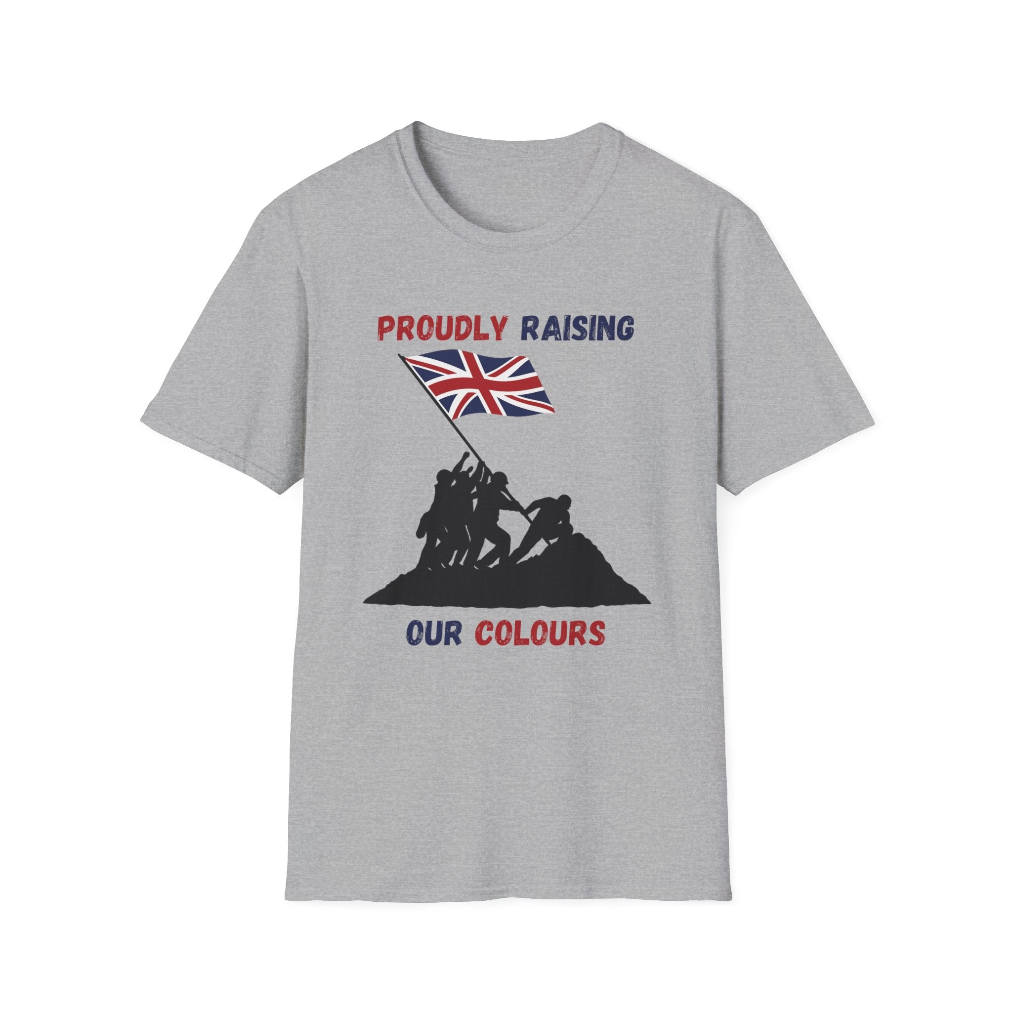 Proudly Raising Our Colours T-Shirt (smaller design) — British Flag Patriotic Tee