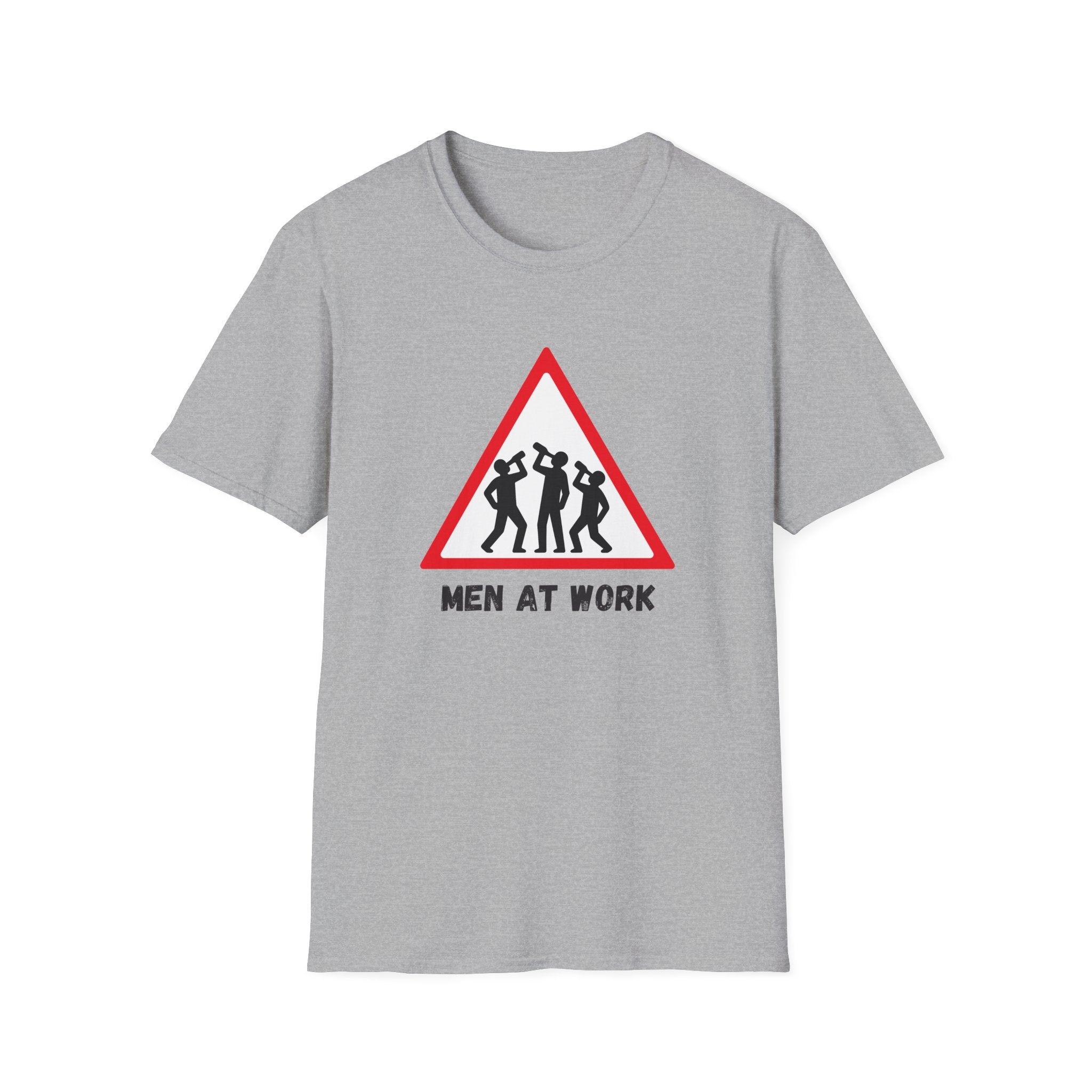 Men at Work Triangle Sign T-Shirt — Funny Beer Drinking Crew Tee