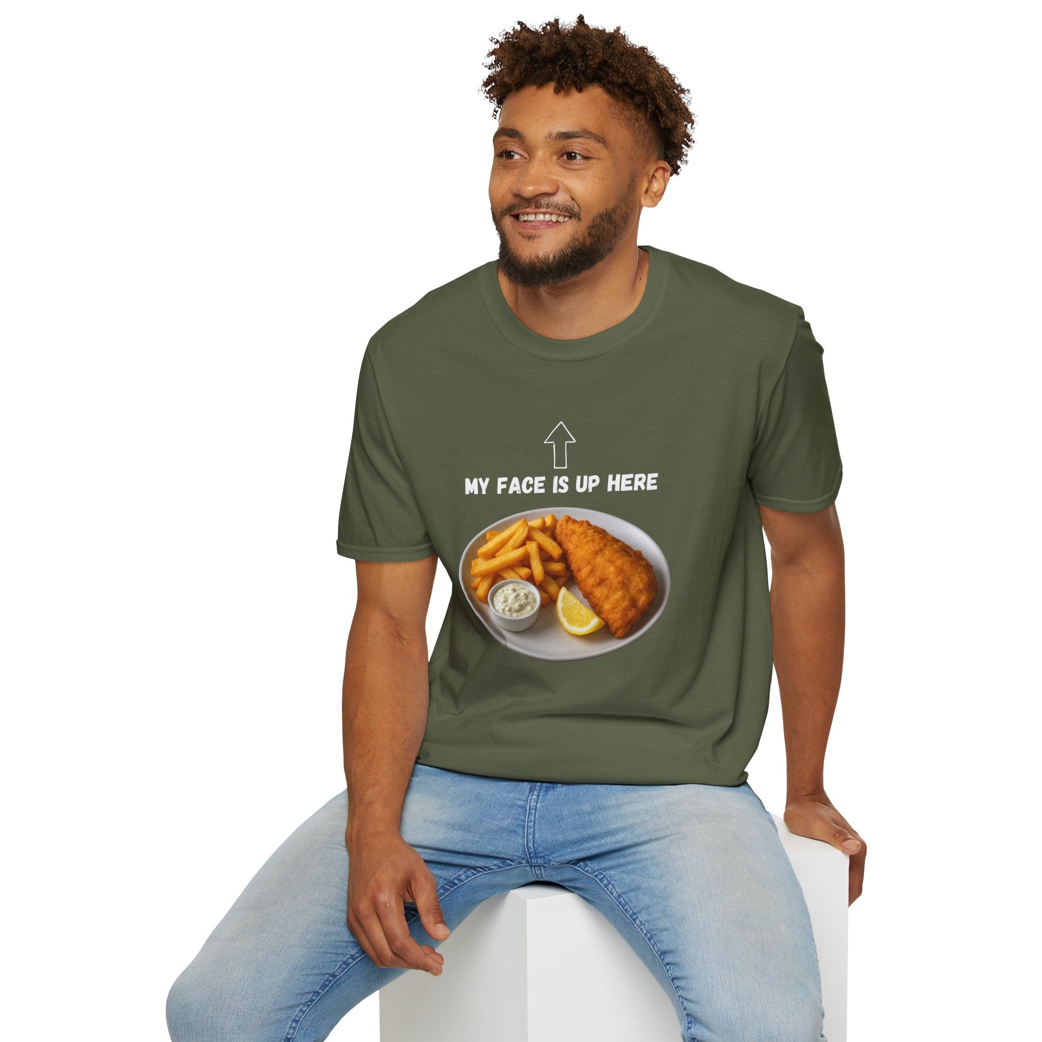 Fish & Chips "My face is up here" British Humour T-Shirt - Our Colours