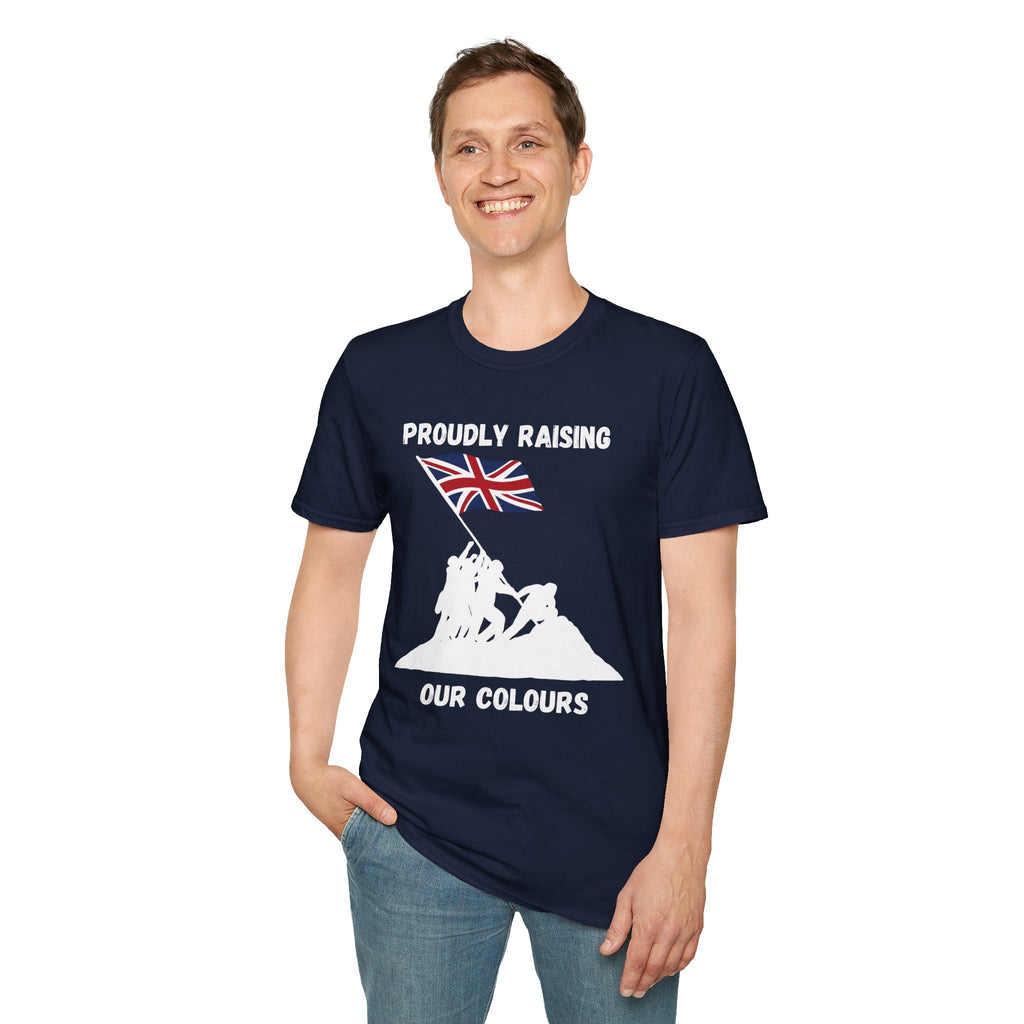 Proudly Raising Our Colours T-Shirt (smaller design) — British Flag Patriotic Tee